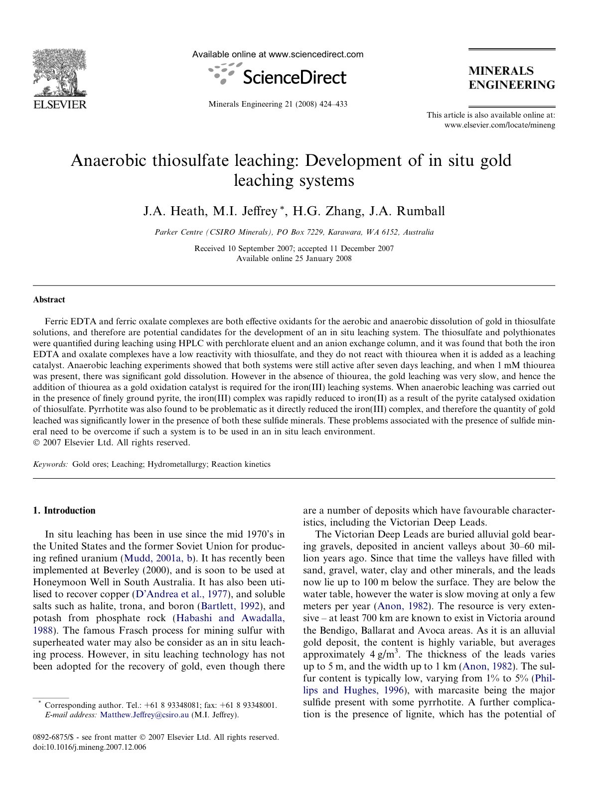 First page of Anaerobic thiosulfate leaching Developme