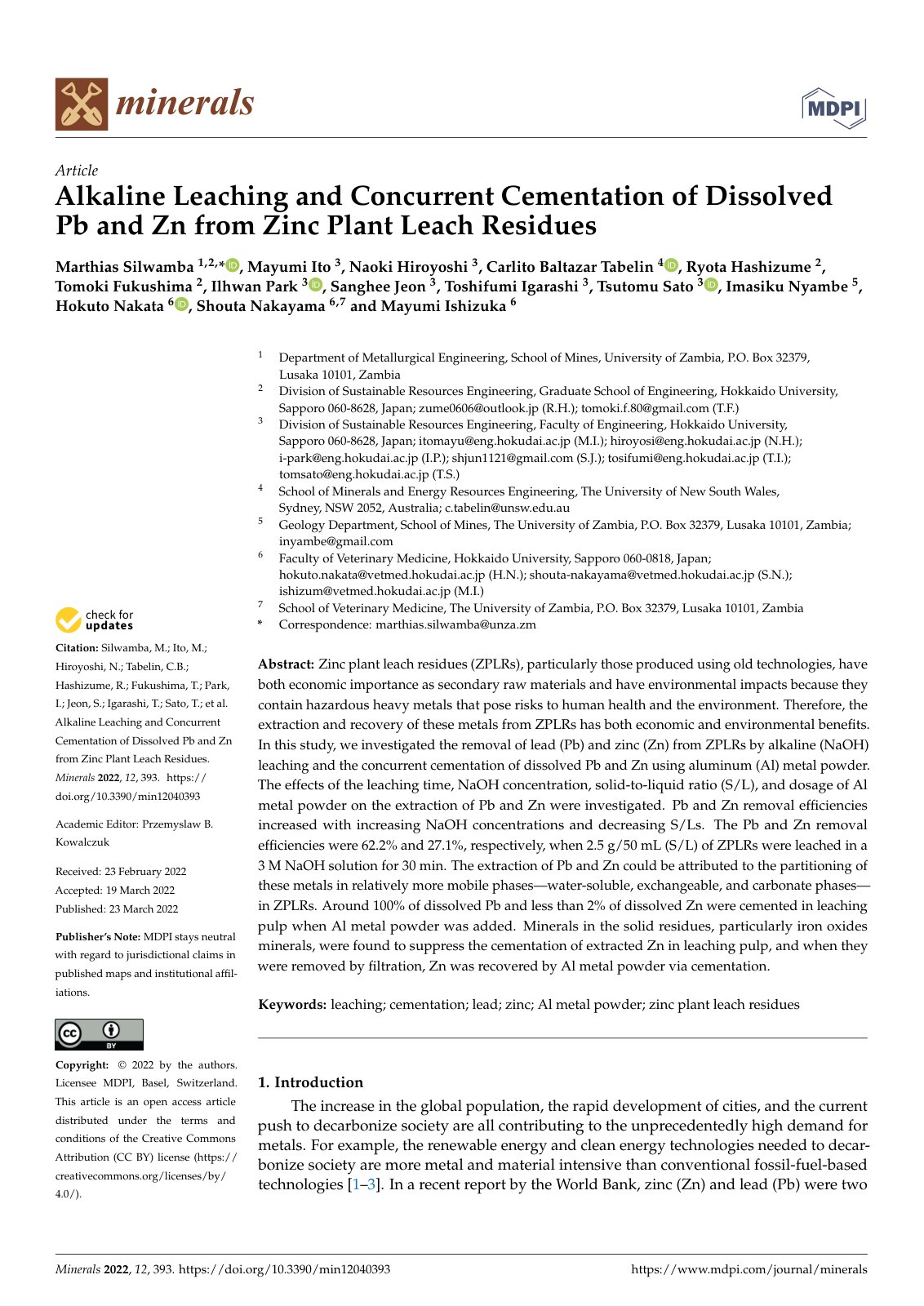 First page of Alkaline Leaching and Concurrent Cementation of Dissolved Pb and Zn from Zinc Plant Leach Residues