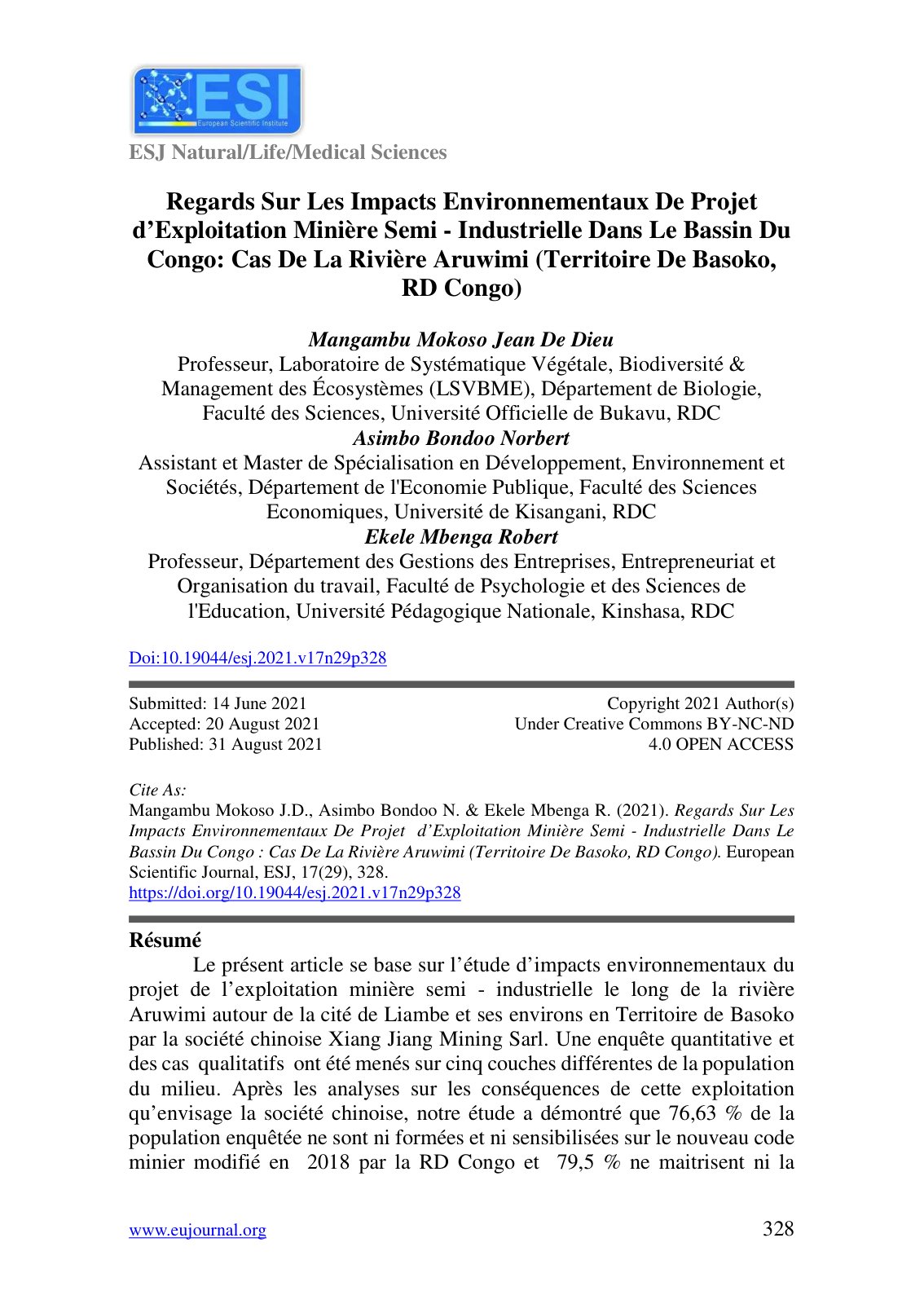 First page of Regards Sur Les Impacts Environnementaux De Projet d’Exploitation Minière Semi - Industrielle Dans Le Bassin Du Congo: Cas De La Rivière Aruwimi (Territoire De Basoko, RD Congo)