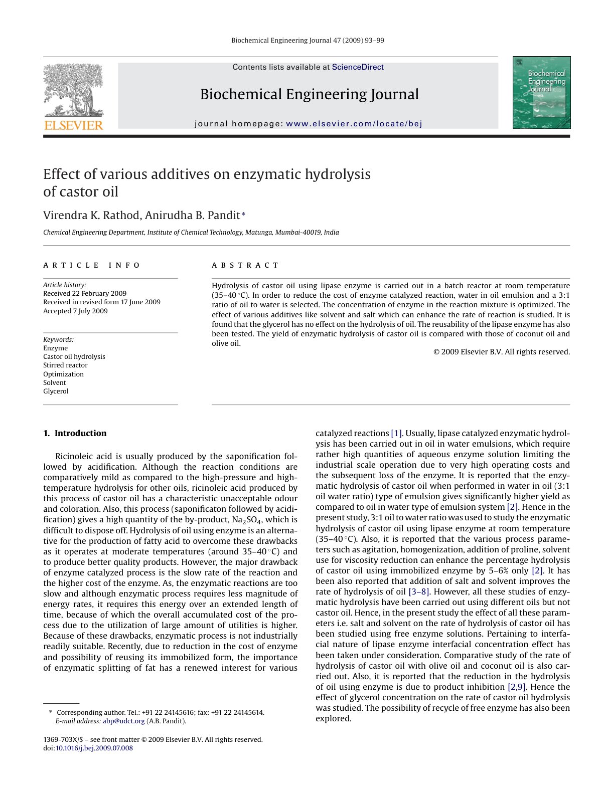 First page of Effect of various additives on enzymatic hydrolysis of castor oil