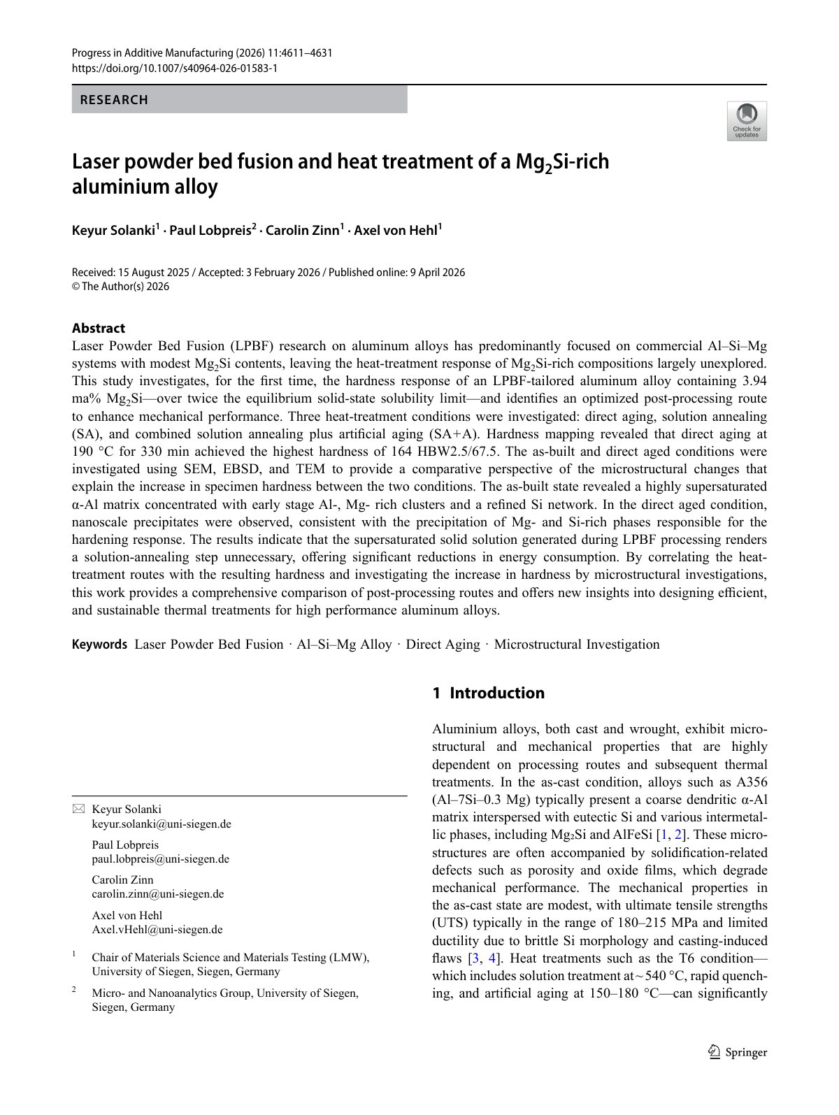 First page of 2026 Solanki Mg2Si Rich Al Heat Treatment