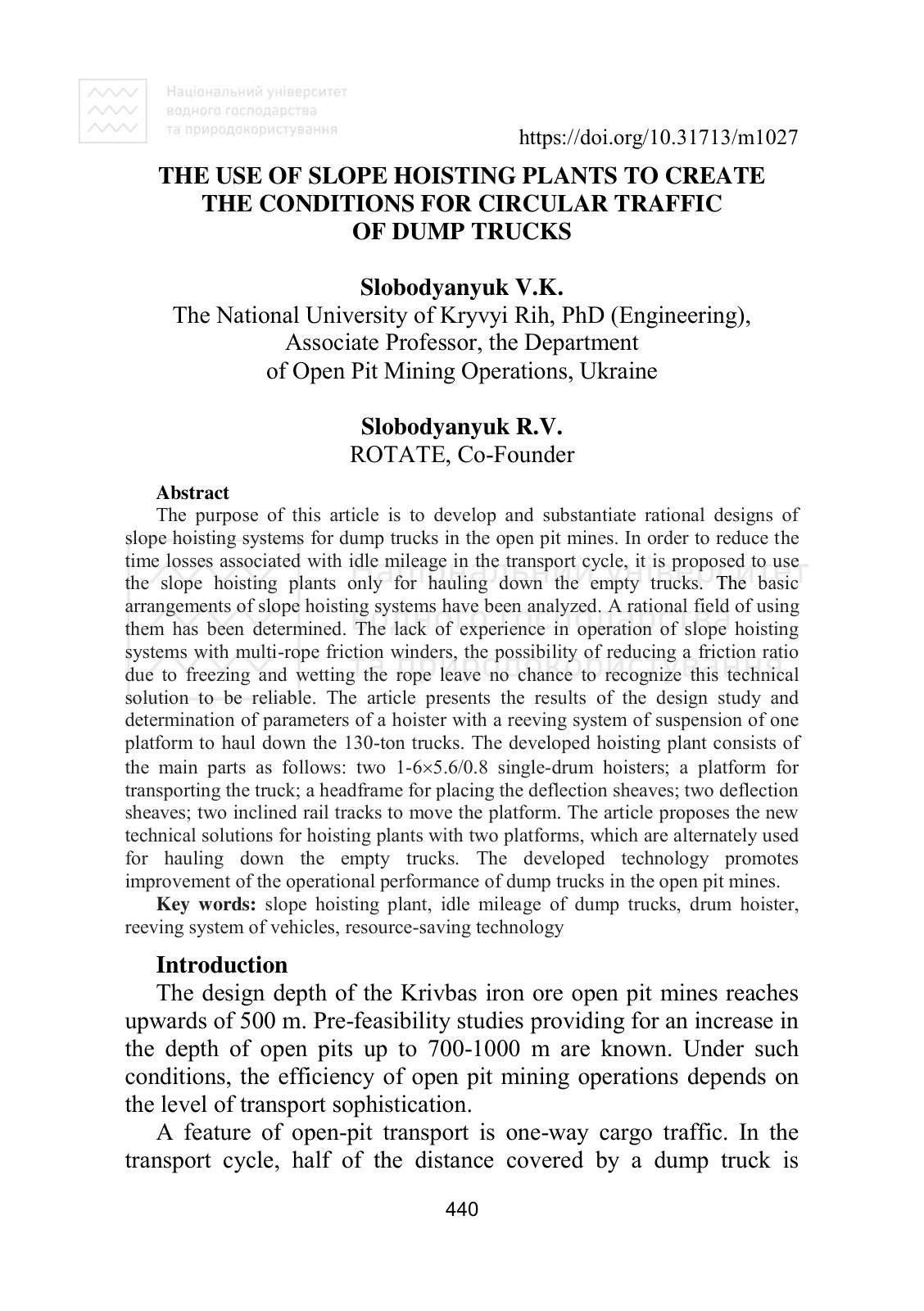 First page of THE USE OF SLOPE HOISTING PLANTS TO CREATE THE CONDITIONS FOR CIRCULAR TRAFFIC OF DUMP TRUCKS