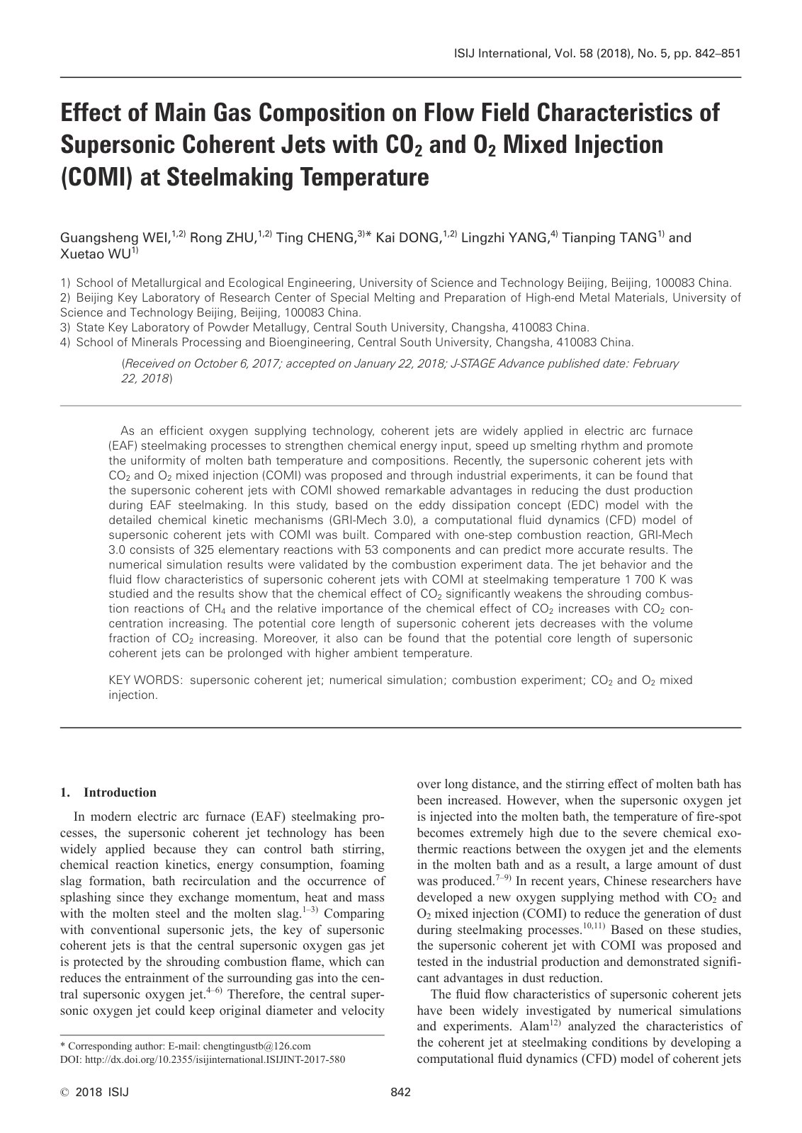 First page of Effect of Main Gas Composition on Flow Field Characteristics of Supersonic Coherent Jets with CO2 and O2 Mixed Injection (COMI) at Steelmaking Temperature