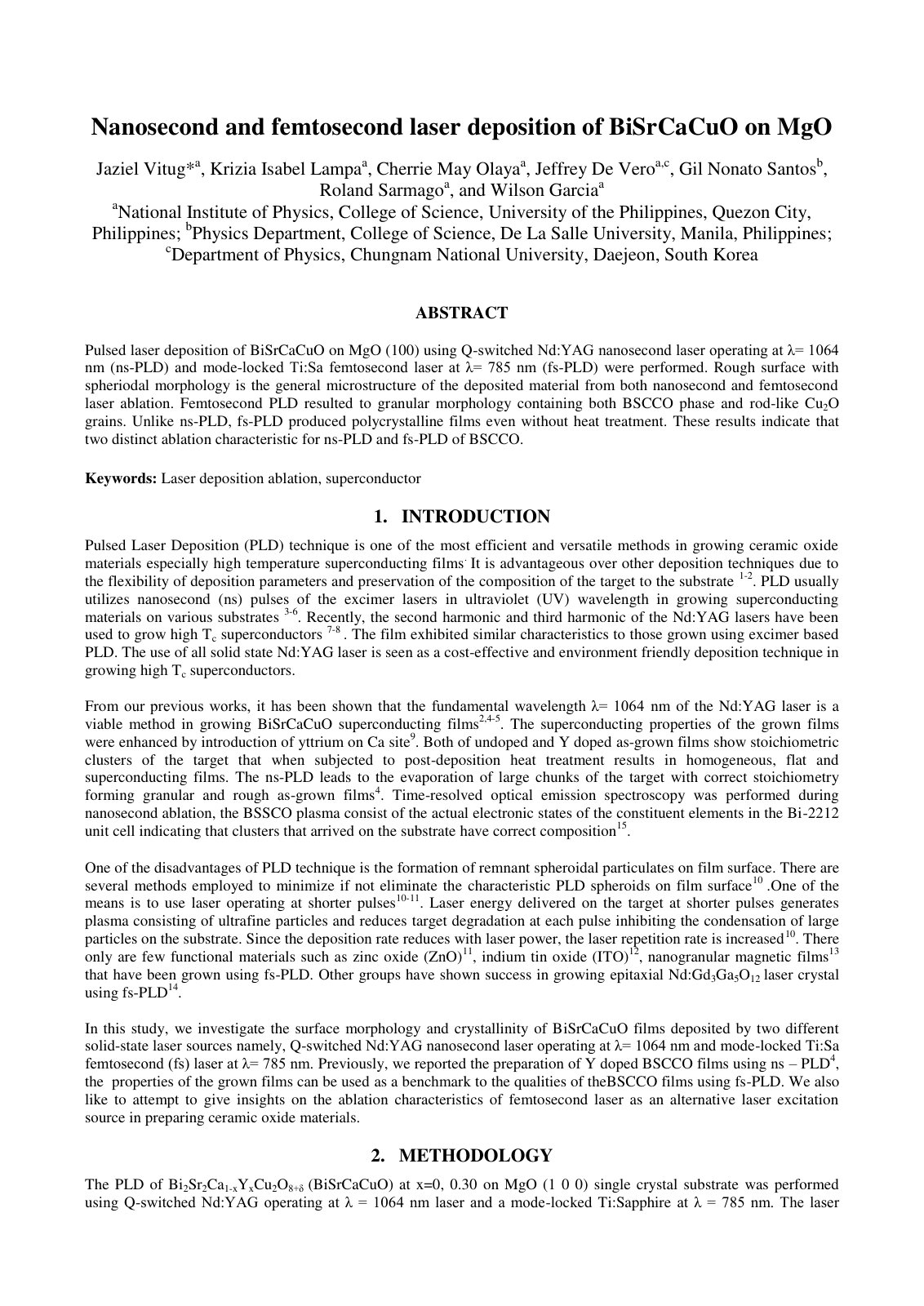 First page of Nanosecond and femtosecond laser deposition of BiSrCaCuO on MgO