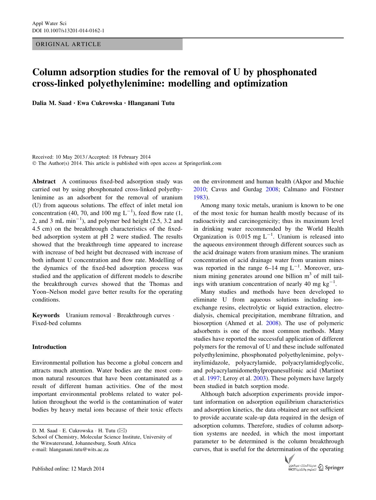 First page of Column adsorption studies for the removal of U by phosphonated cross-linked polyethylenimine: modelling and optimization