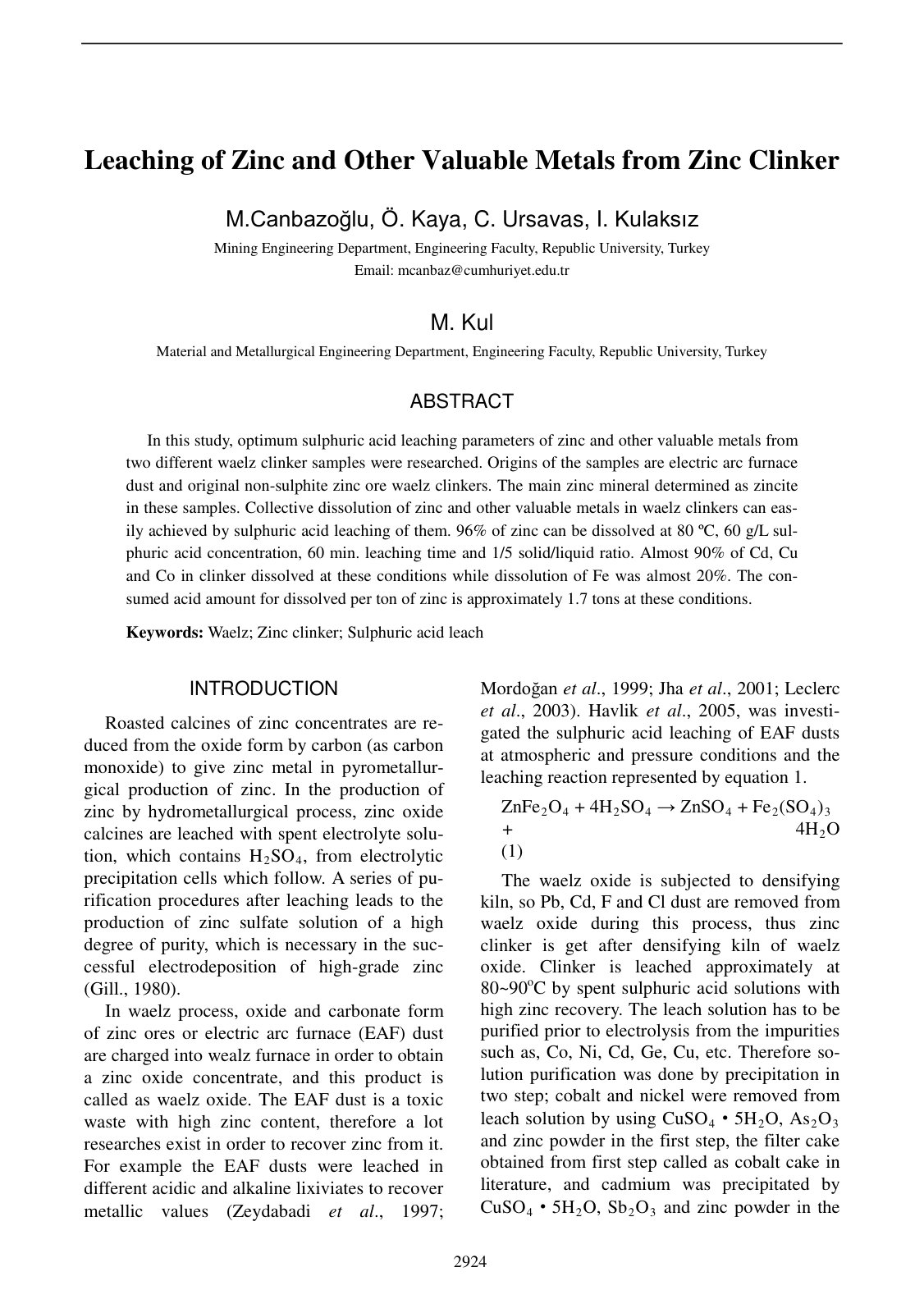 First page of Leaching of Zinc and Other Valuable Metals from Zinc Clinker