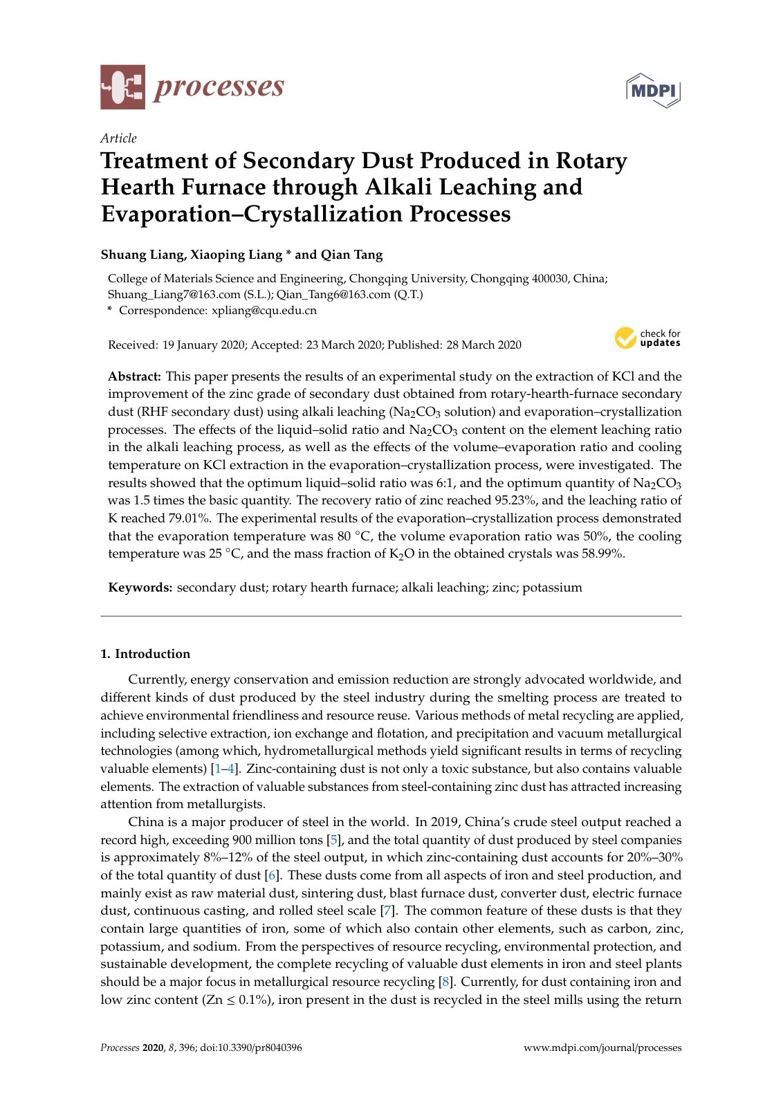 First page of 2020 Shuang Liang Treatment of Secondary Dust Produced in Rotary Hearth Furnace through Alkali Leaching and Evaporation Cry pr8040396