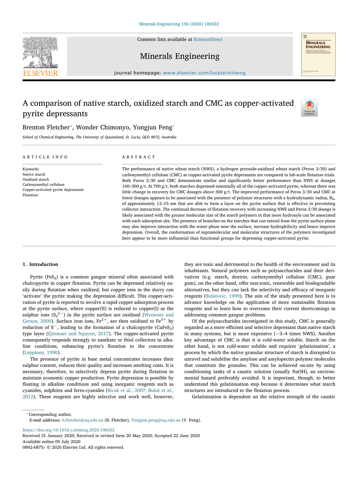 First page of A comparison of native starch, oxidized starch and CMC as copper-activated pyrite depressants