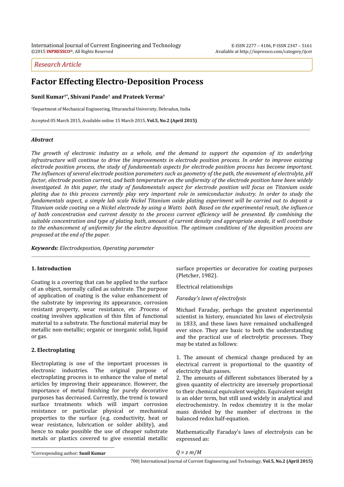 First page of Factor Effecting Electro-Deposition Process