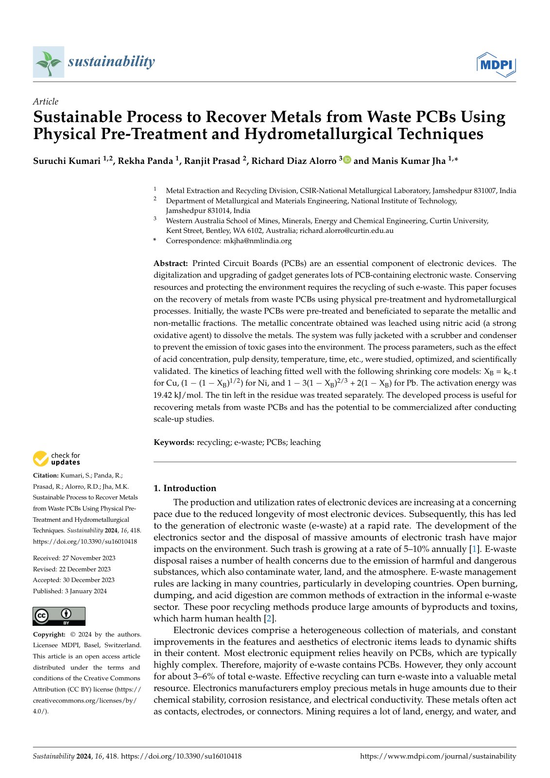 First page of Sustainable Process to Recover Metals from Waste PCBs Using Physical Pre-Treatment and Hydrometallurgical Techniques