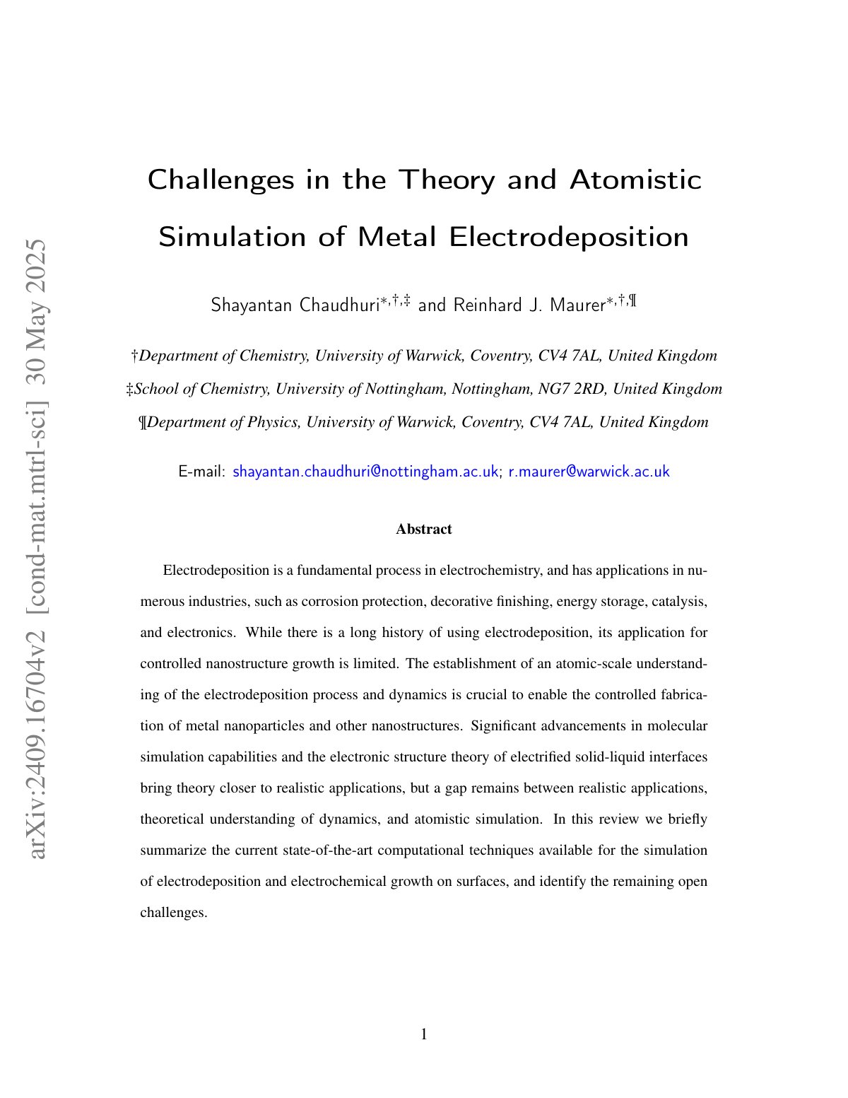 First page of Challenges in the Theory and Atomistic Simulation of Metal Electrodeposition