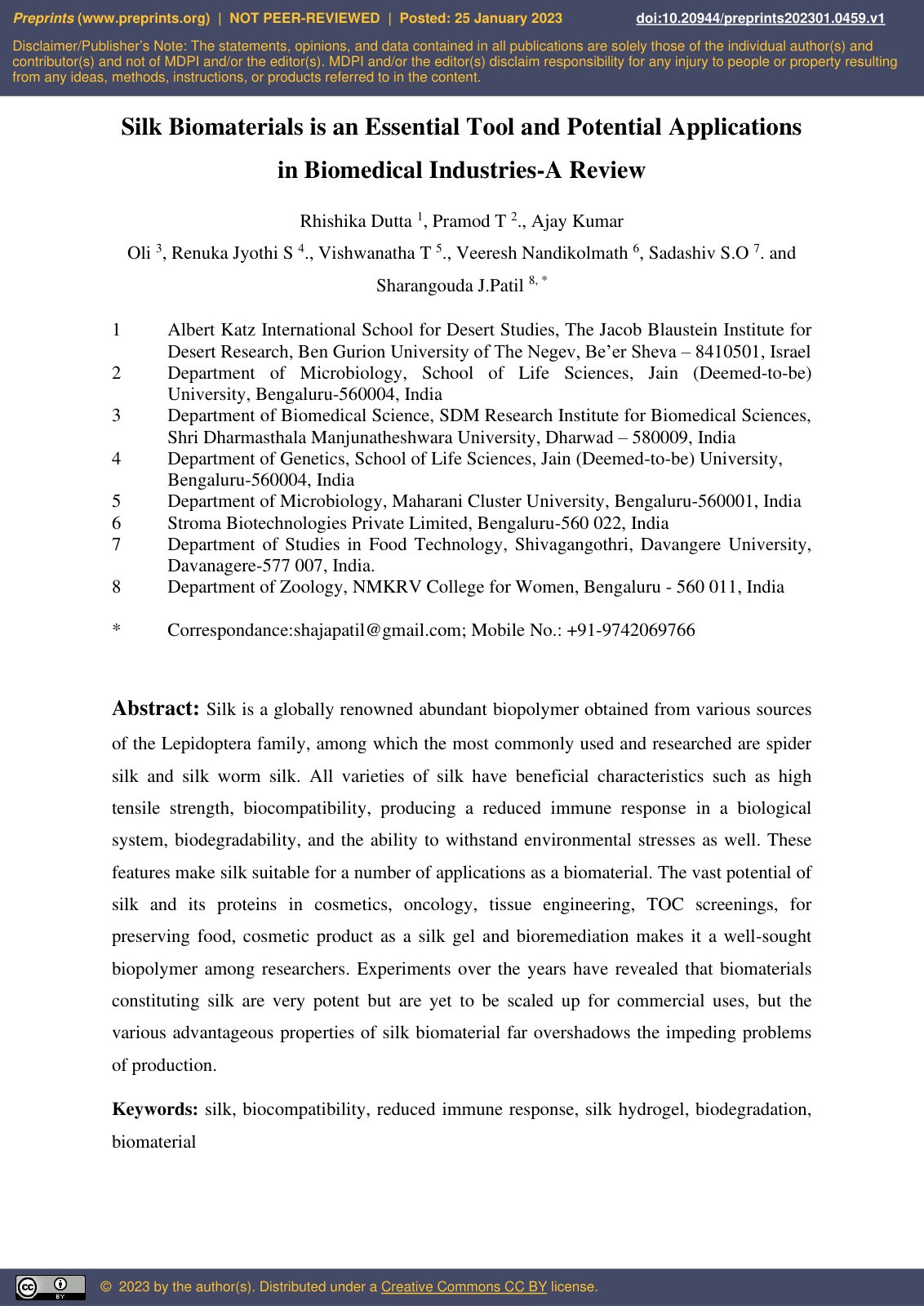 First page of Silk Biomaterials is an Essential Tool a