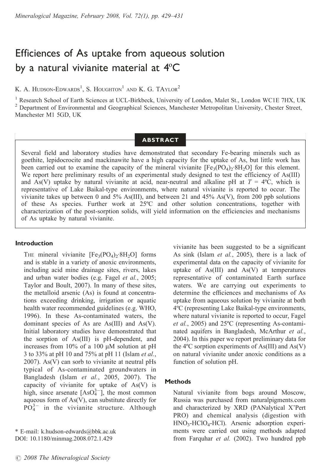 First page of Efficiences of As uptake from aqueous solution by a natural vivianite material at 4ºC