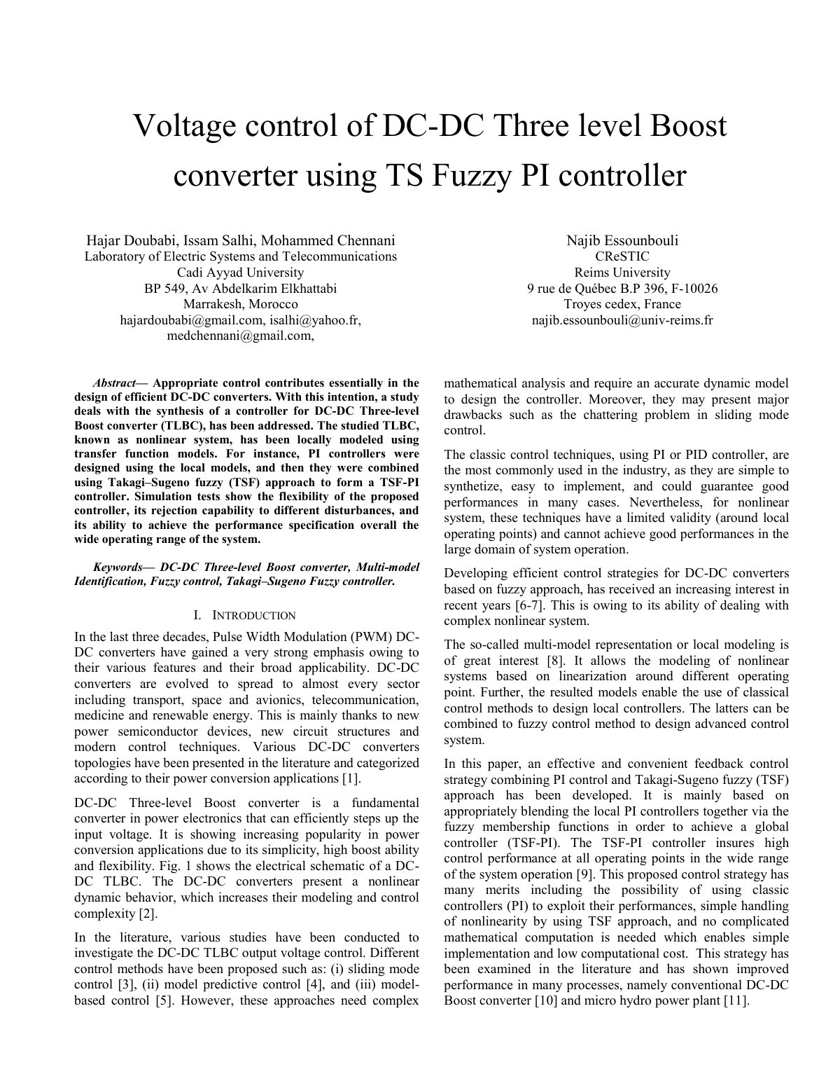 First page of Voltage Control of DC-DC Three Level Boost Converter Using TS Fuzzy PI Controller