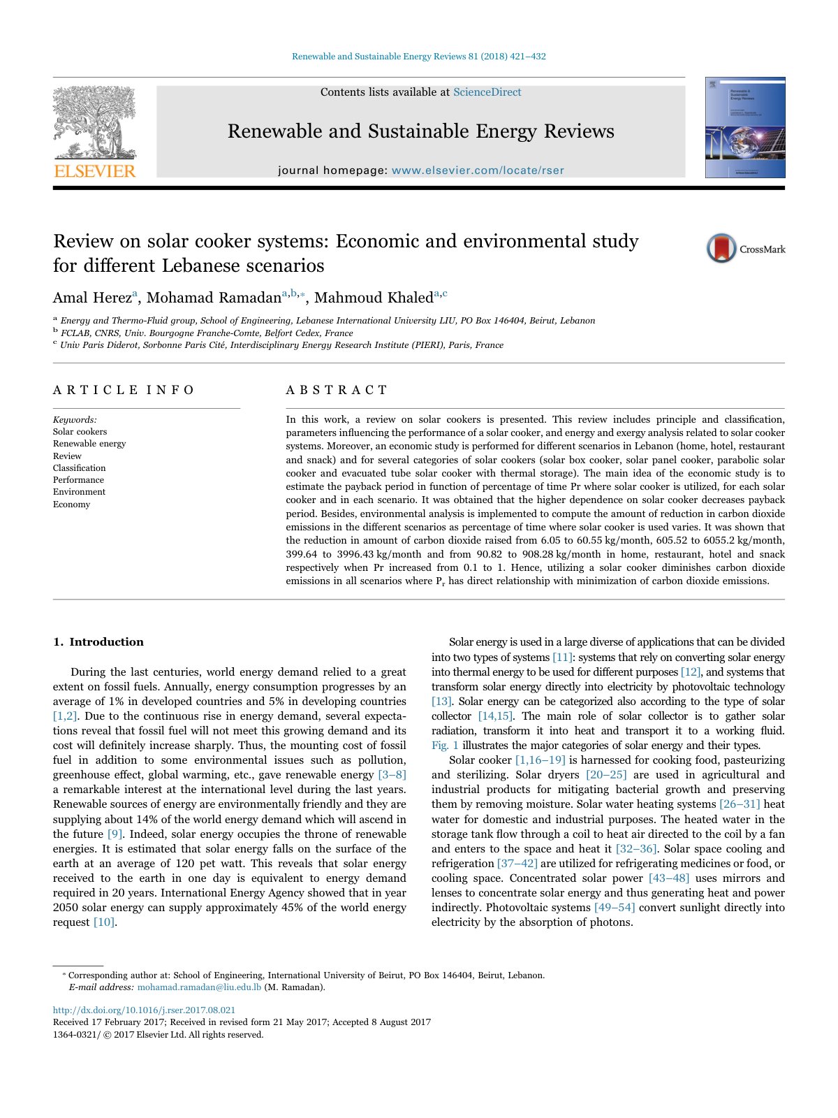 First page of Review on solar cooker systems Economic