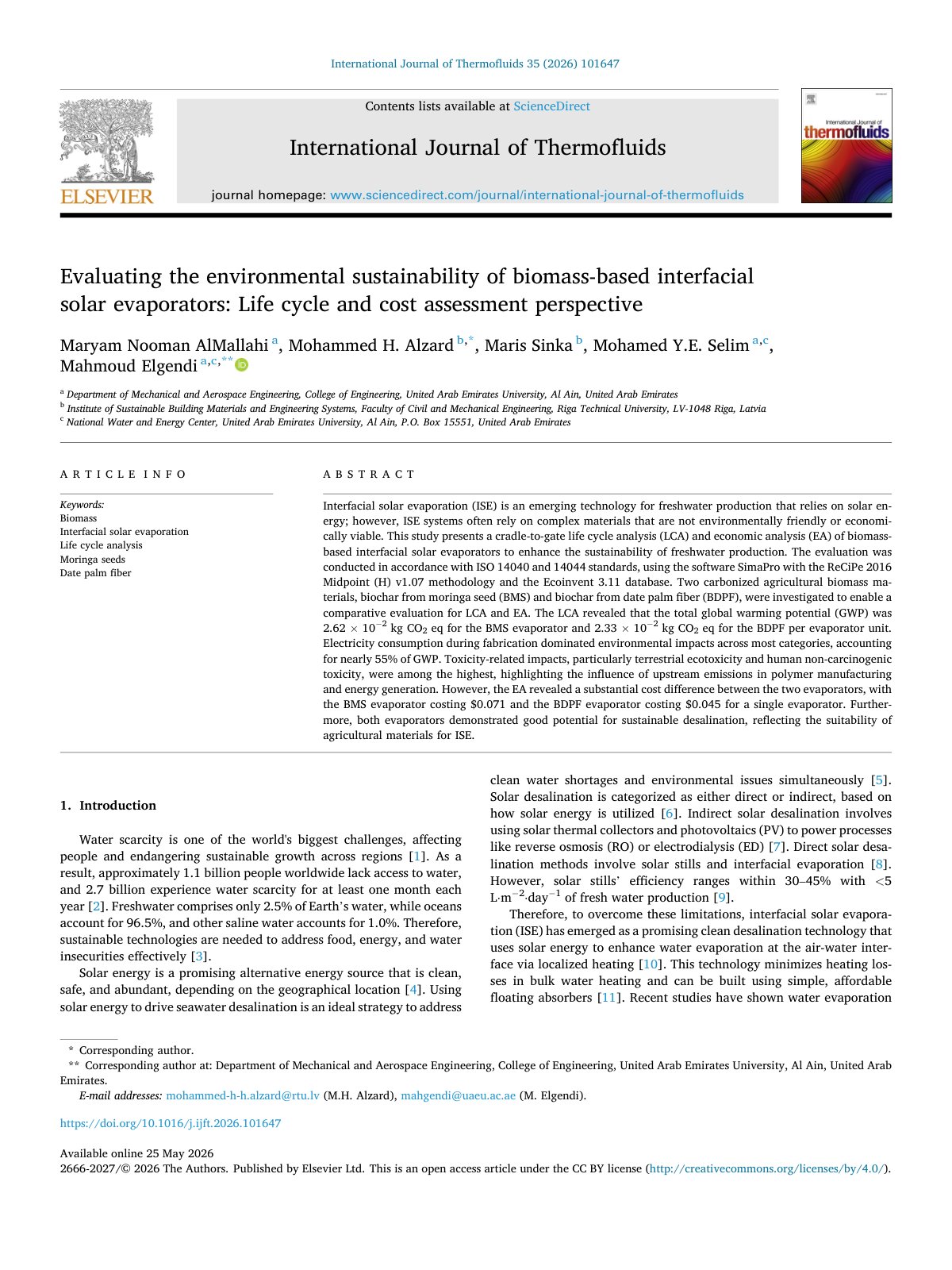 First page of Evaluating the environmental sustainability of biomass-based interfacial solar evaporators: Life cycle and cost assessment perspective