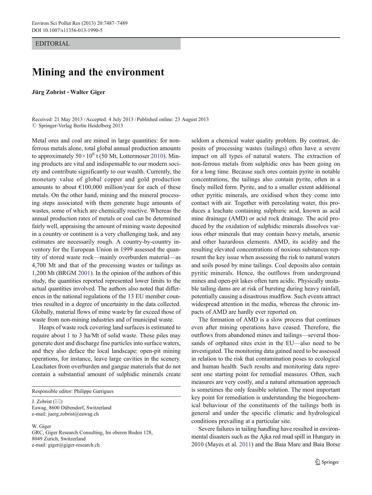 First page of Mining and the environment