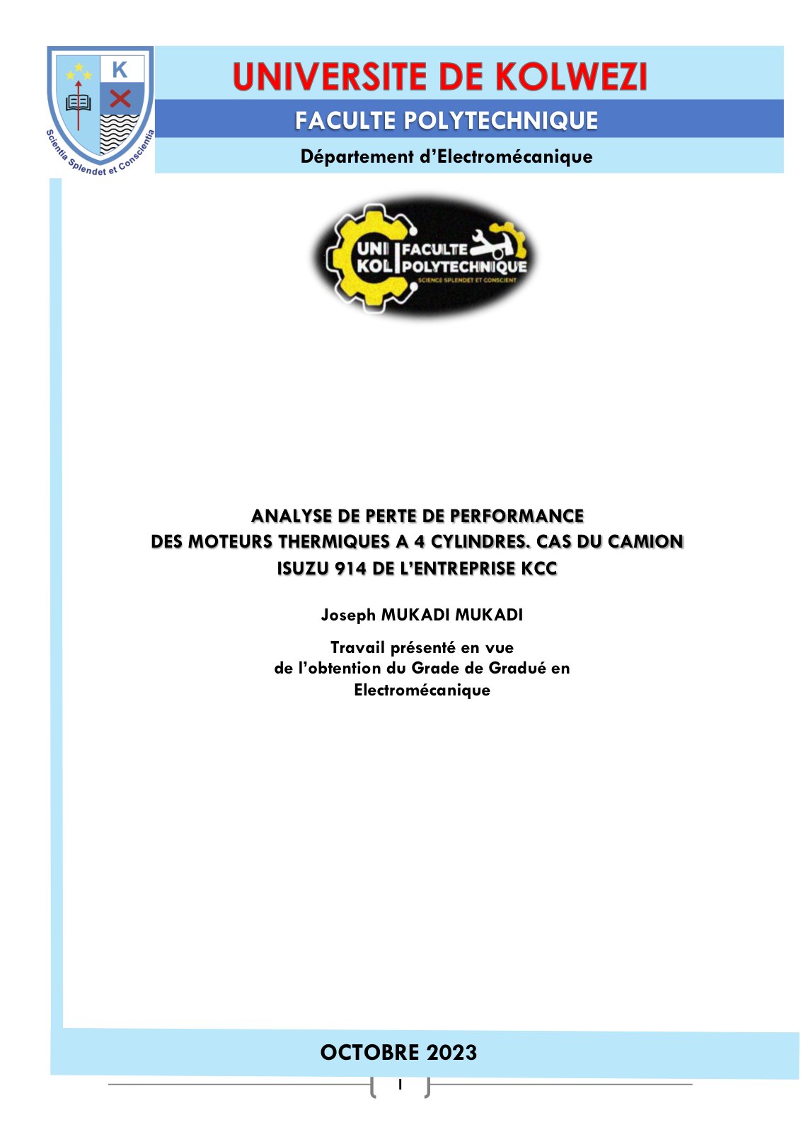 First page of ANALYSE DE PERTE DE PERFORMANCE DES MOTEURS THERMIQUES A 4 CYLINDRES. CAS DU CAMION ISUZU 914 DE L’ENTREPRISE KCC