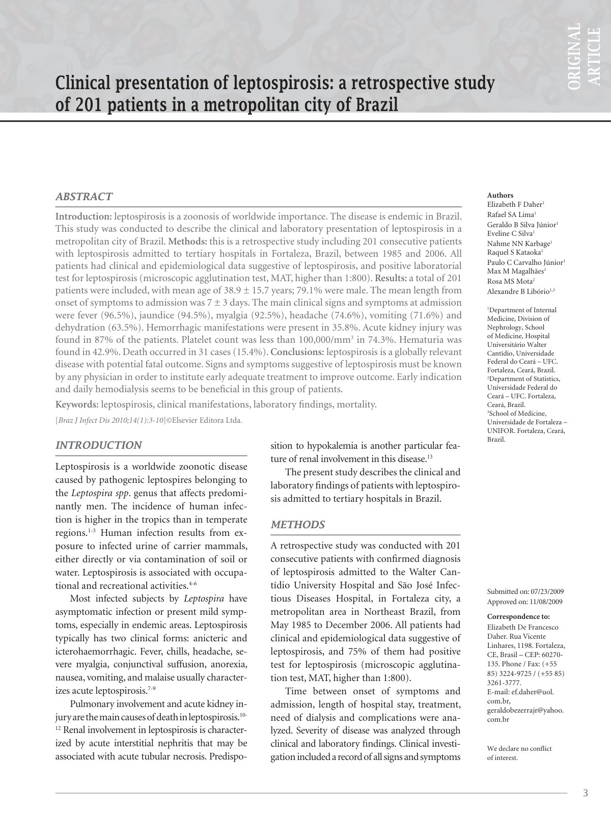 First page of Clinical presentation of leptospirosis: a retrospective study of 201 patients in a metropolitan city of Brazil