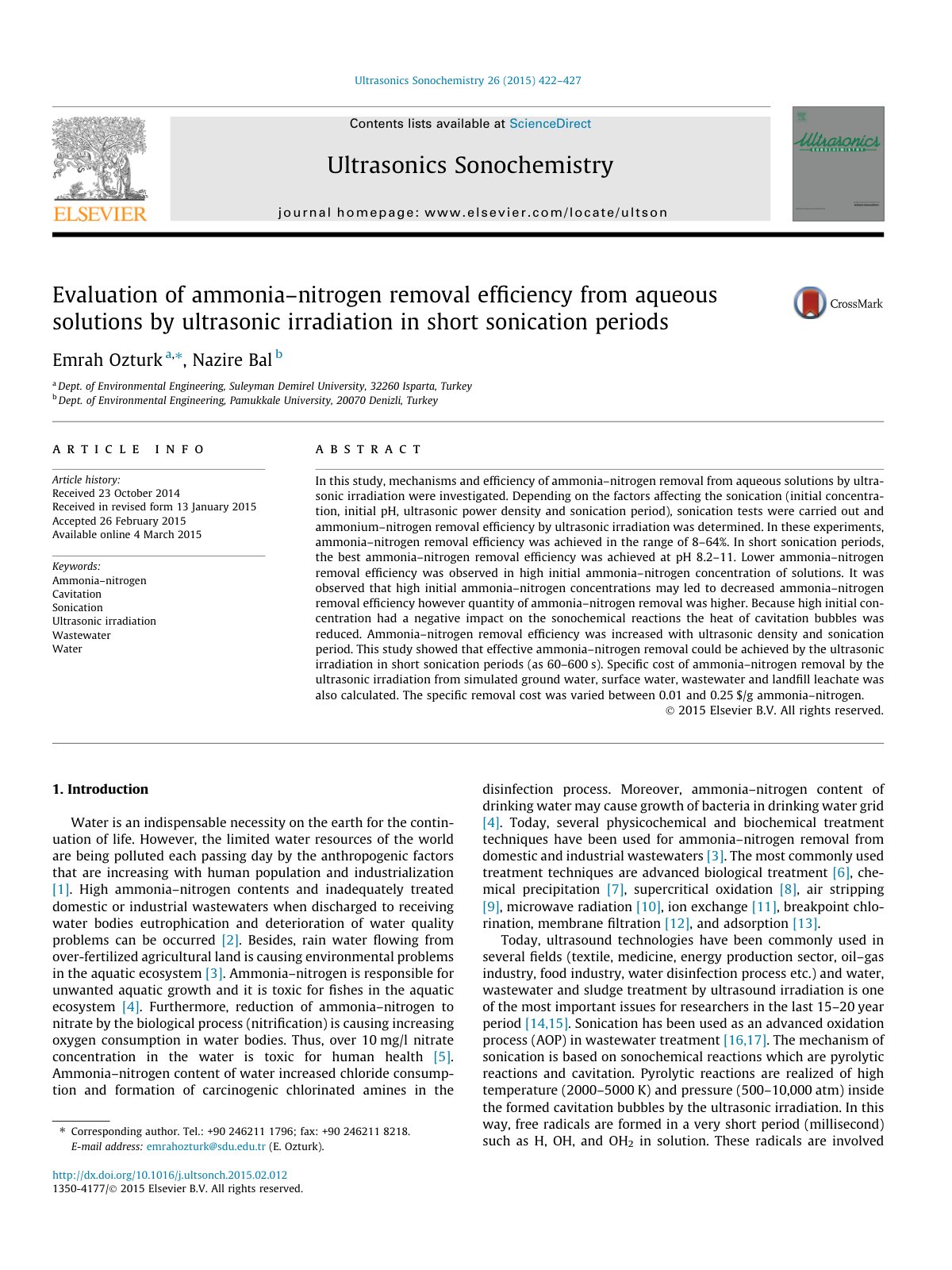 First page of Evaluation of ammonia–nitrogen removal efﬁciency from aqueous solutions by ultrasonic irradiation in short sonication periods