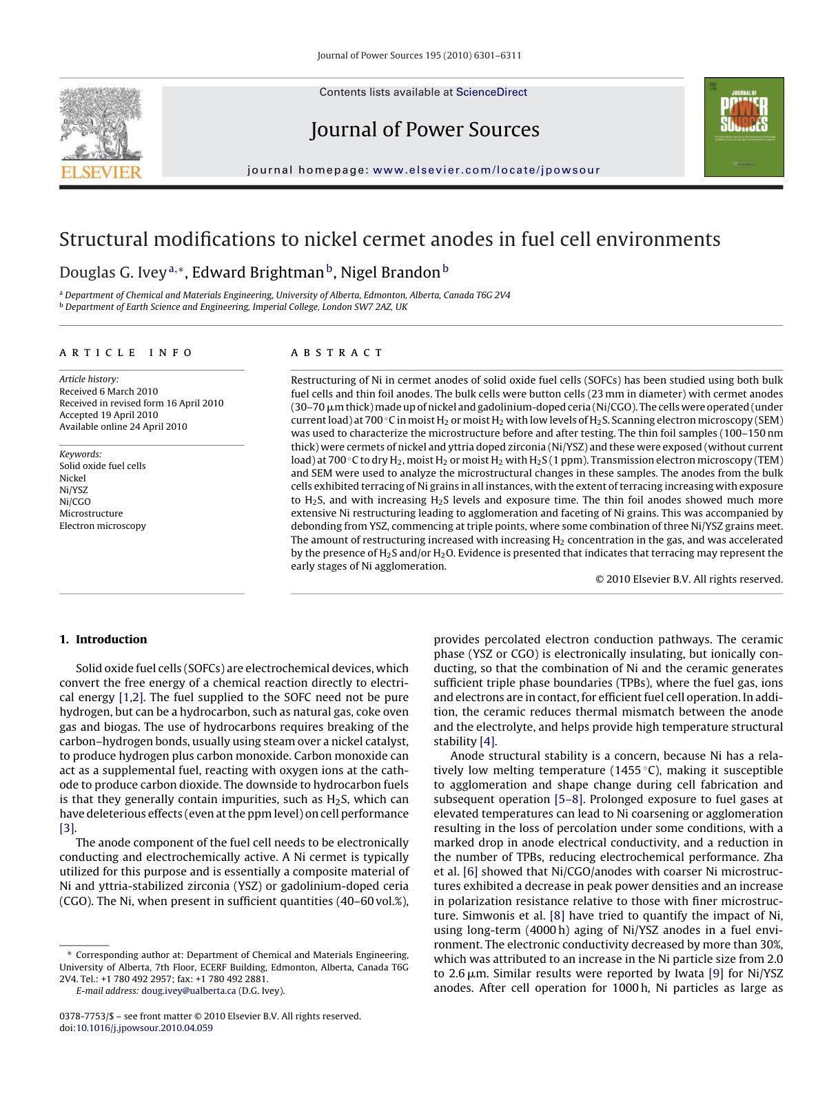 First page of Structural modiﬁcations to nickel cermet anodes in fuel cell environments