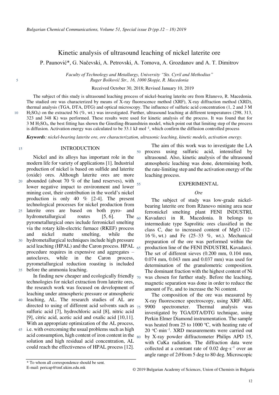 First page of Kinetic analysis of ultrasound leaching of nickel laterite ore