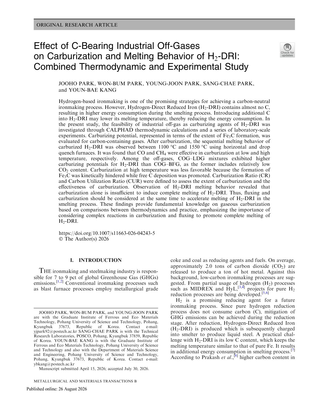 First page of 2026 Park H2 DRI Offgas Carburization Melting