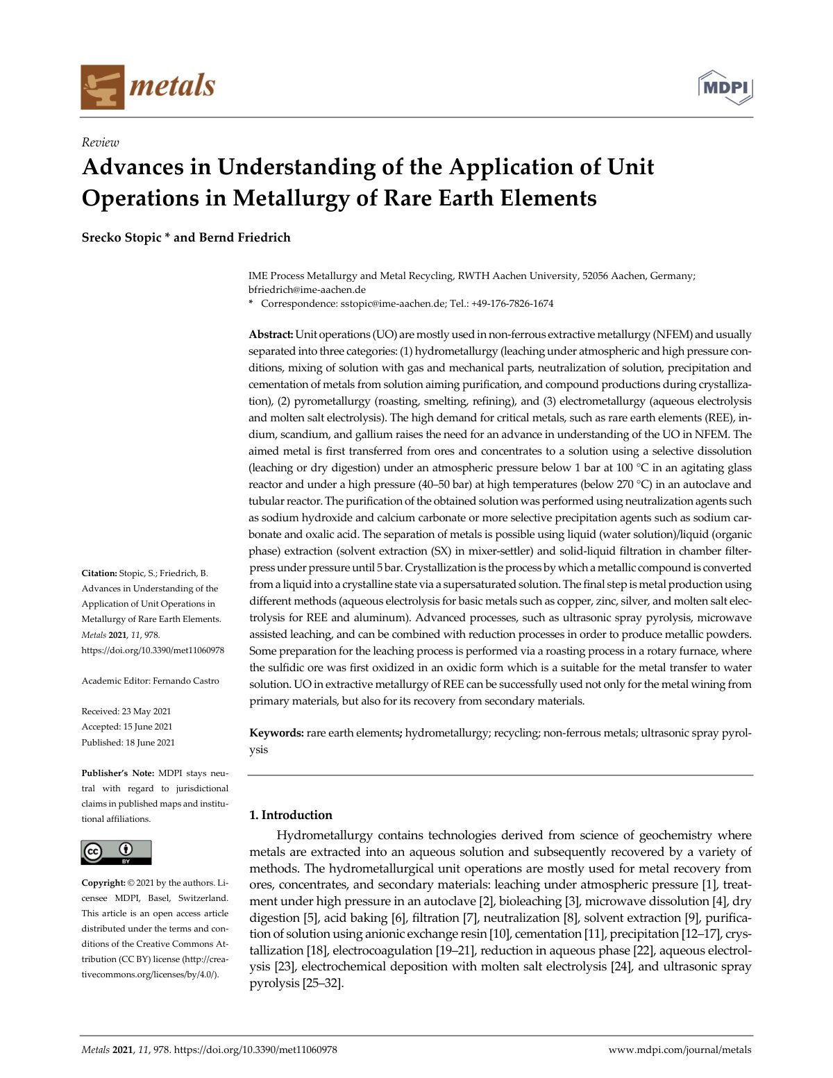 First page of Advances in Understanding of the Application of Unit Operations in Metallurgy of Rare Earth Elements