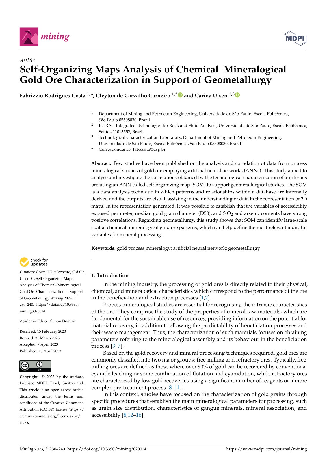 First page of Self-Organizing Maps Analysis of Chemical–Mineralogical Gold Ore Characterization in Support of Geometallurgy