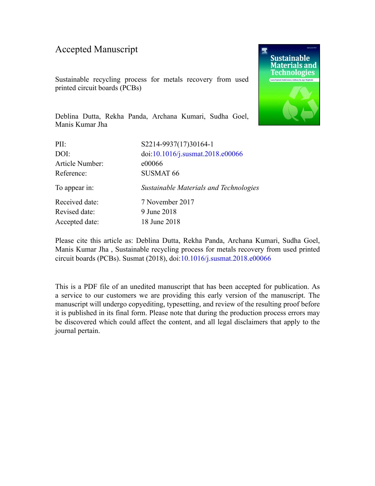 First page of Sustainable recycling process for metals