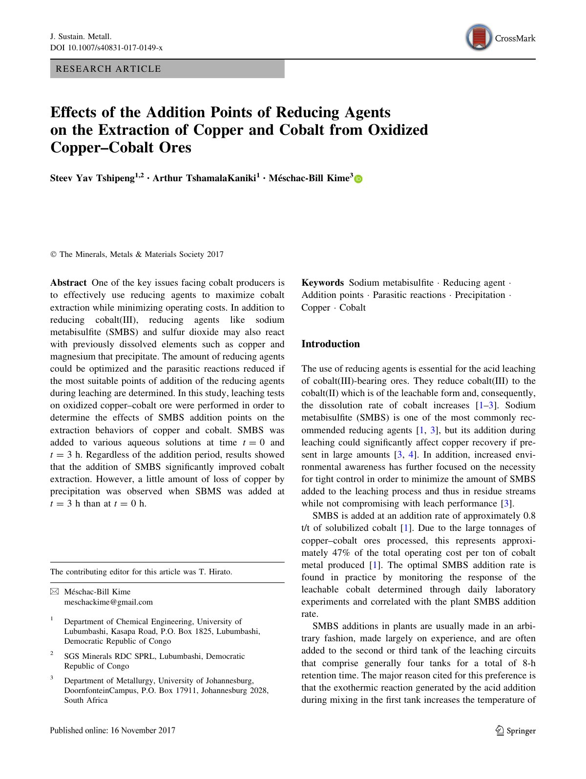 First page of Effects of the Addition Points of Reducing Agents on the Extraction of Copper and Cobalt from Oxidized Copper–Cobalt Ores