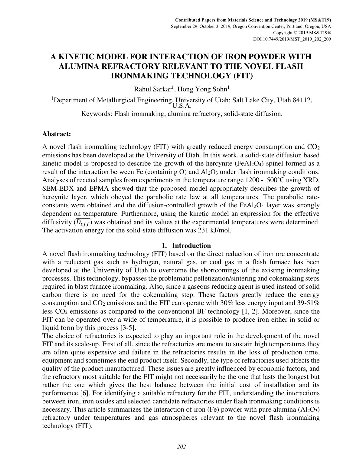 First page of A KINETIC MODEL FOR INTERACTION OF IRON POWDER WITH ALUMINA REFRACTORY RELEVANT TO THE NOVEL FLASH IRONMAKING TECHNOLOGY (FIT)