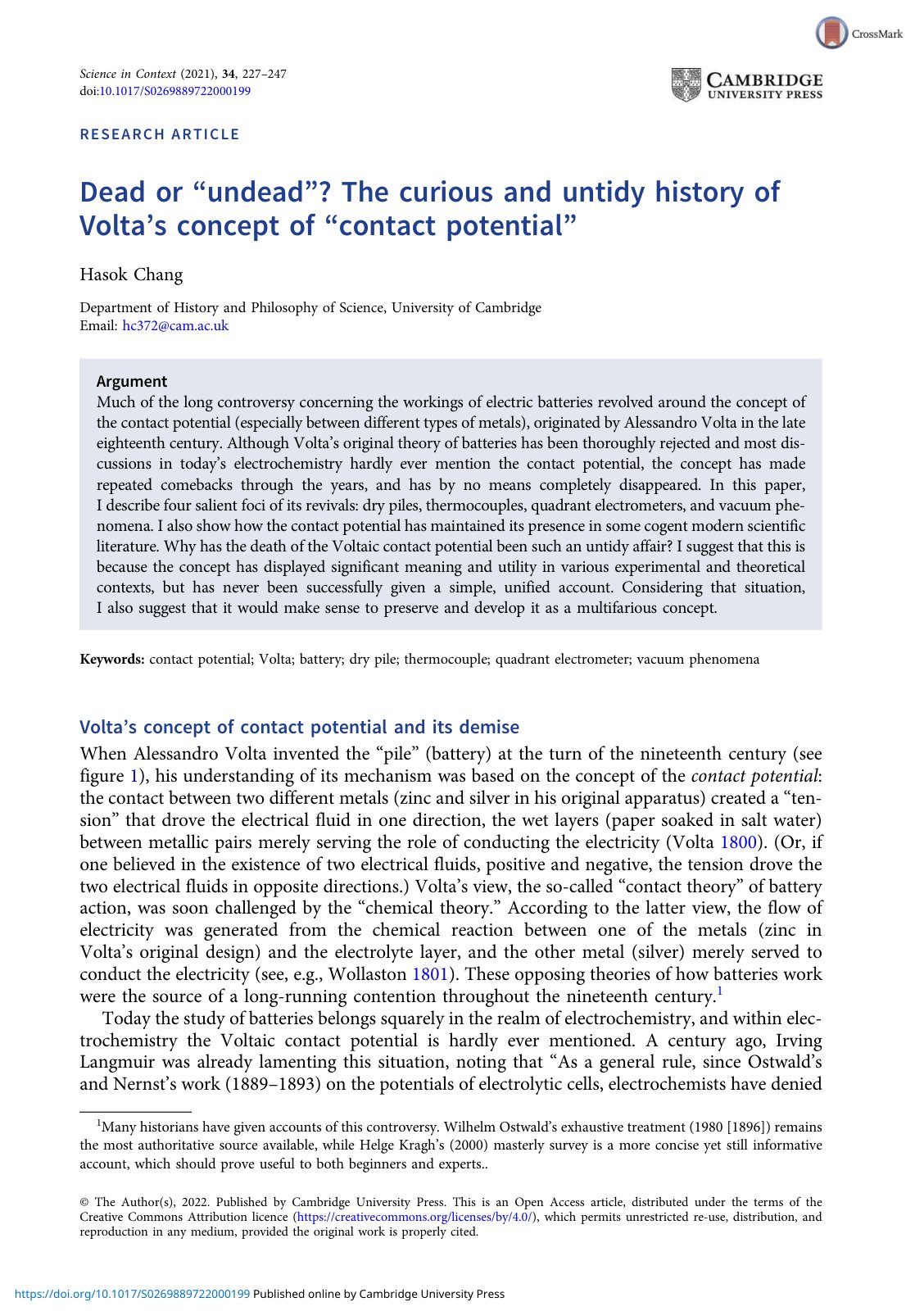 First page of Dead or “undead”? The curious and untidy history of Volta’s concept of“contact potential”
