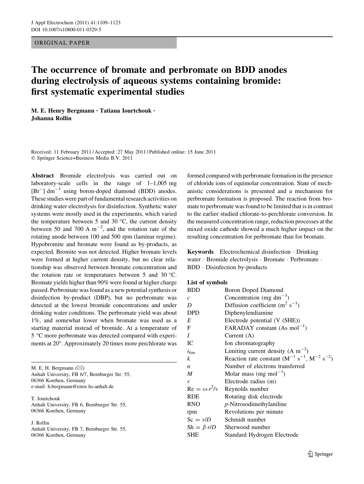 First page of The occurrence of bromate and perbromate on BDD anodes during electrolysis of aqueous systems containing bromide: first systematic experimental studies