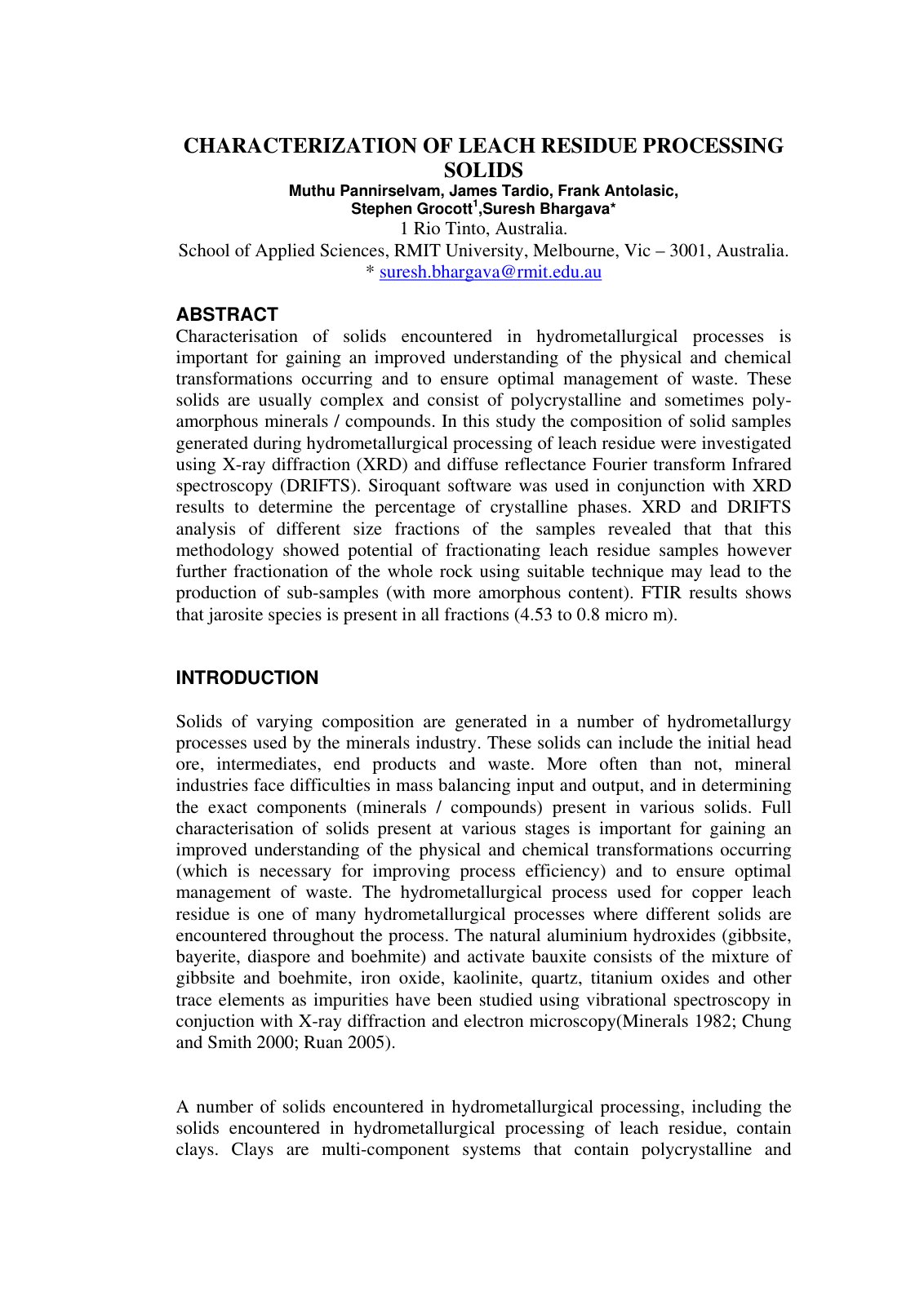 First page of Characterization of leach residue proces
