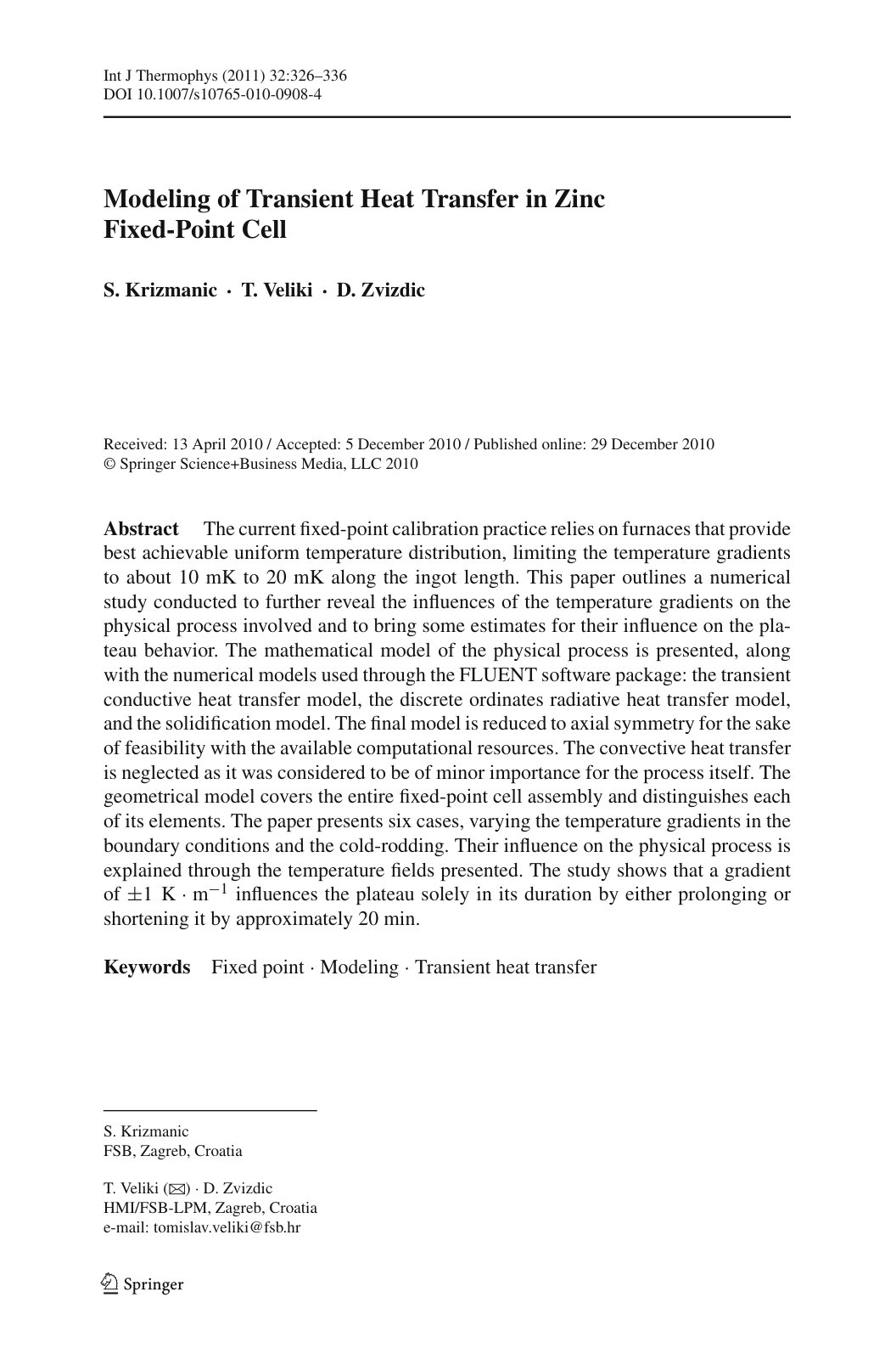 First page of Modeling of Transient Heat Transfer in Zinc Fixed-Point Cell
