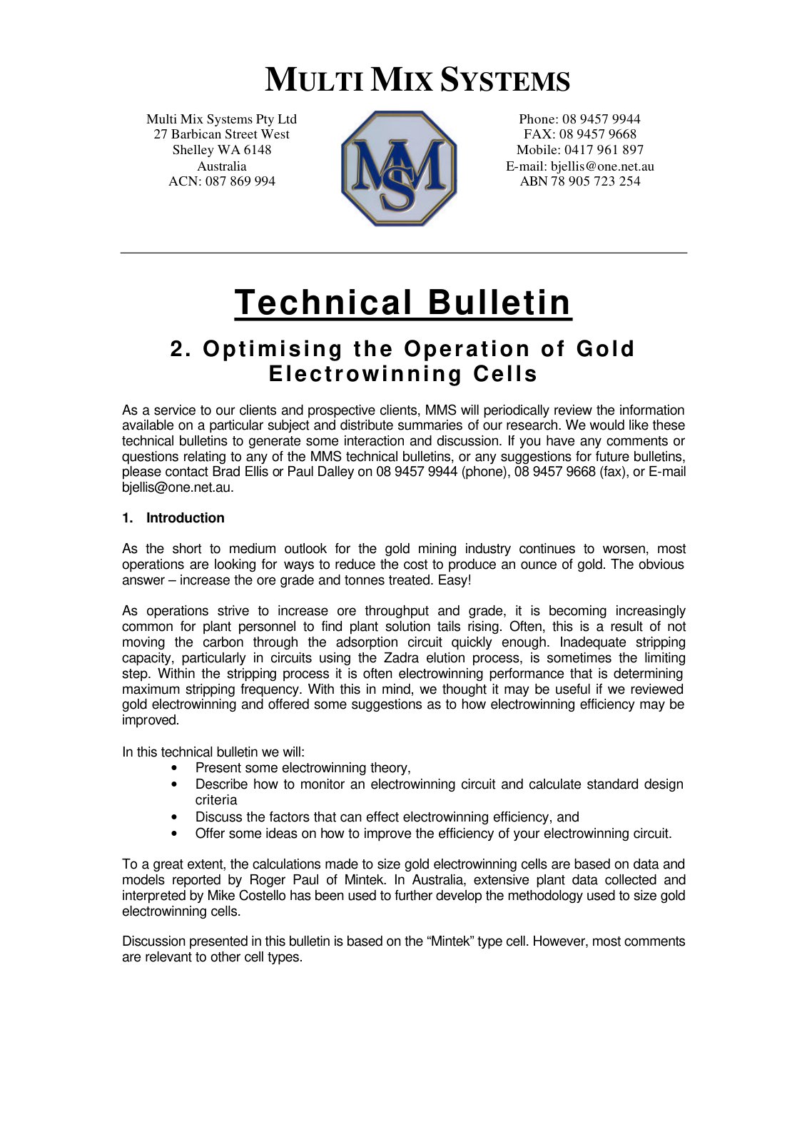 First page of 165664286 Optimising the Operation of Gold EW Cell