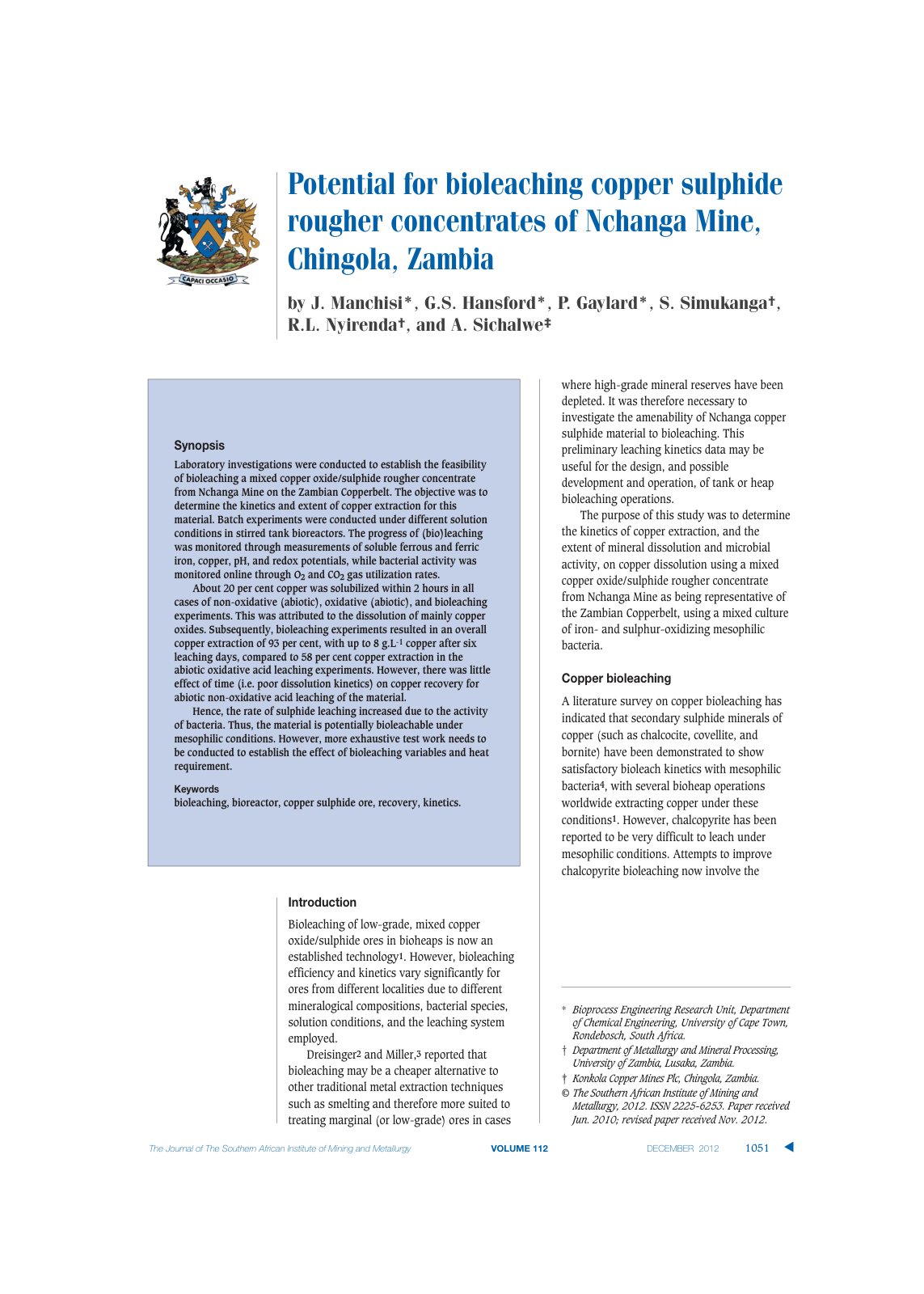 First page of Potential for bioleaching copper sulphid