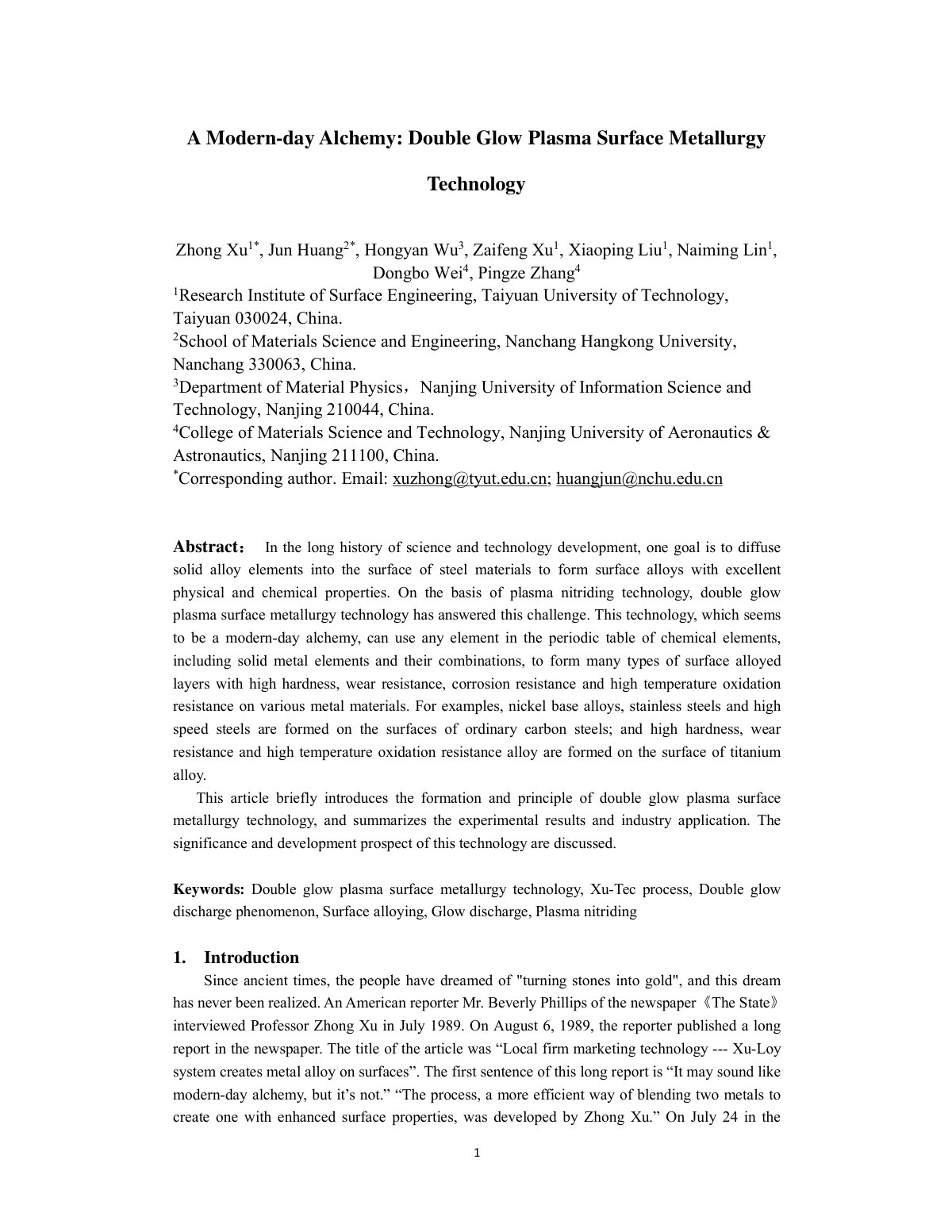 First page of 2021 Xu Double Glow Plasma Surface Metallurgy