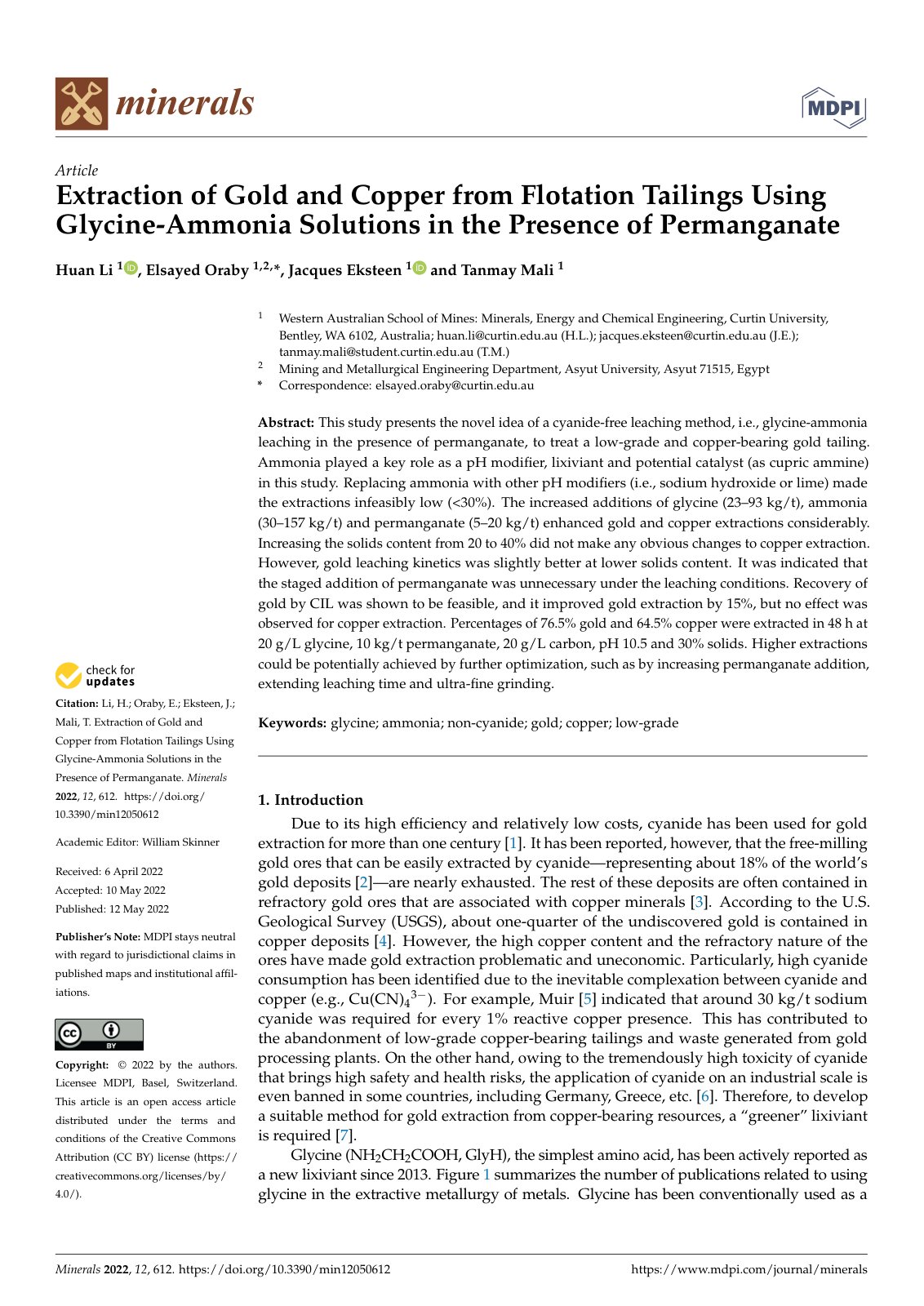 First page of Extraction of Gold and Copper from Flotation Tailings Using Glycine-Ammonia Solutions in the Presence of Permanganate