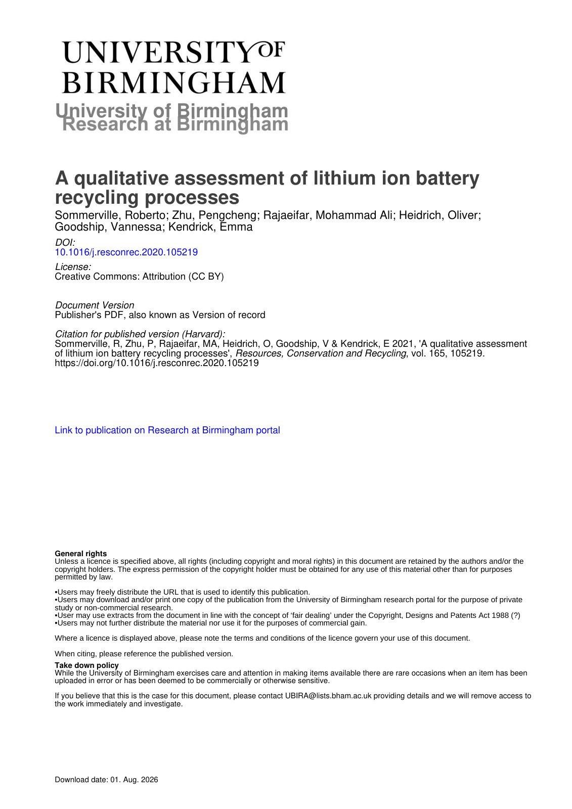 First page of A qualitative assessment of lithium ion battery recycling processes