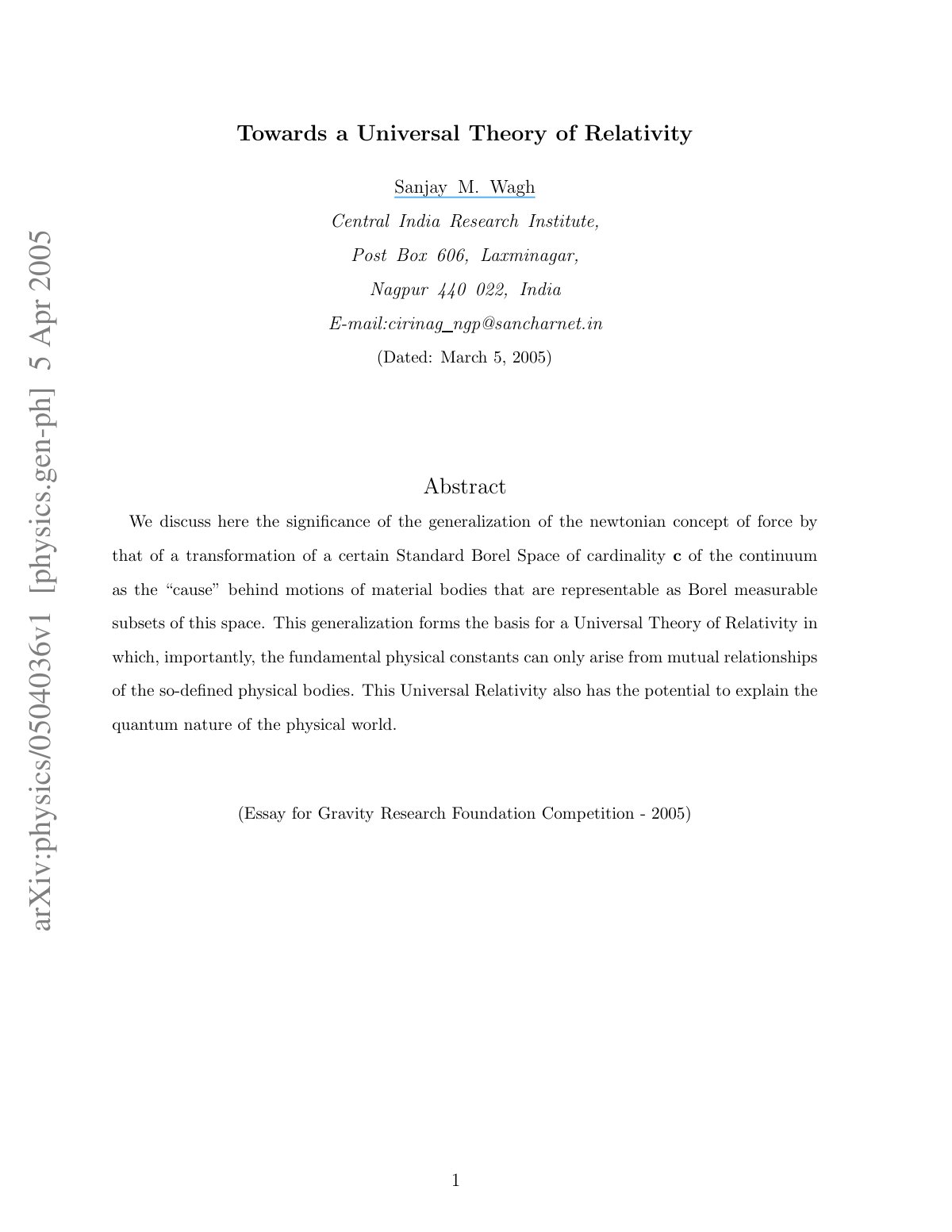 First page of Towards a Universal Theory of Relativity