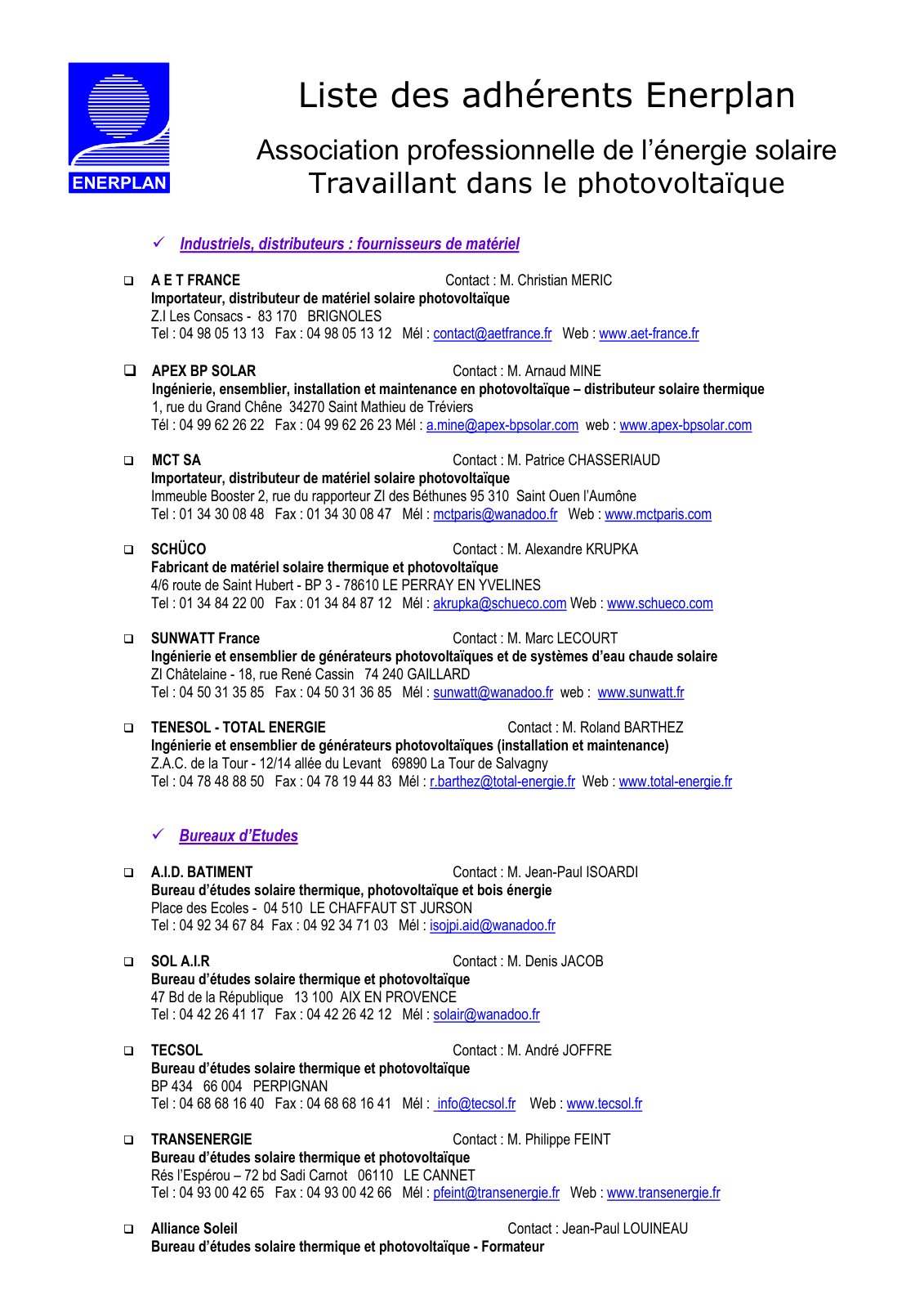 First page of Liste des adhérents Enerplan