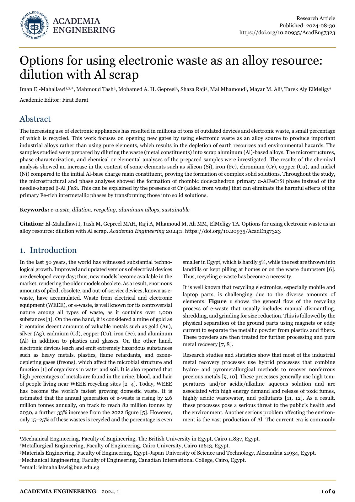 First page of Options for using electronic waste as an alloy resource: dilution with Al scrap