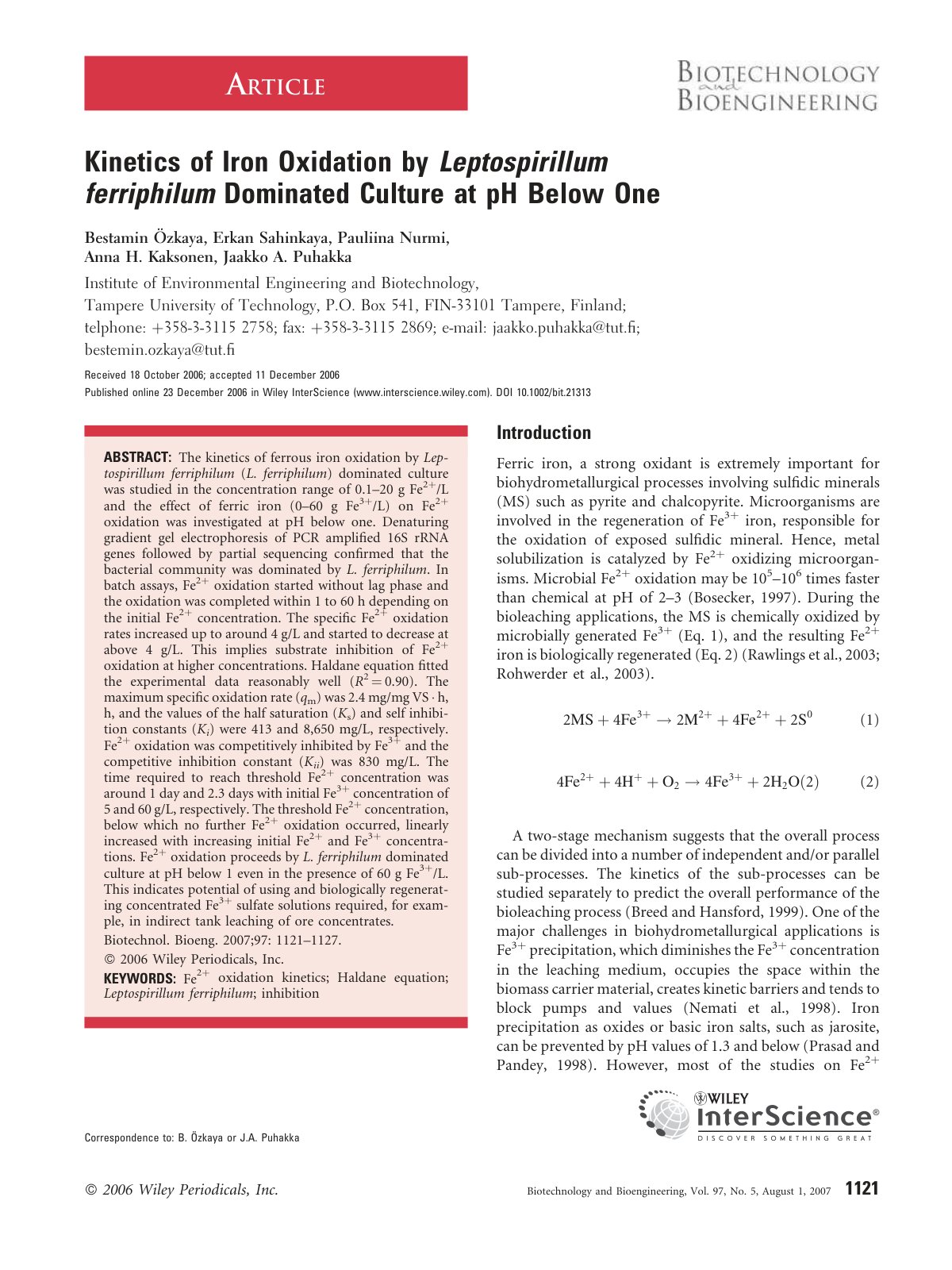 First page of Kinetics of Iron Oxidation byLeptospirillum ferriphilum Dominated Culture at pH Below One