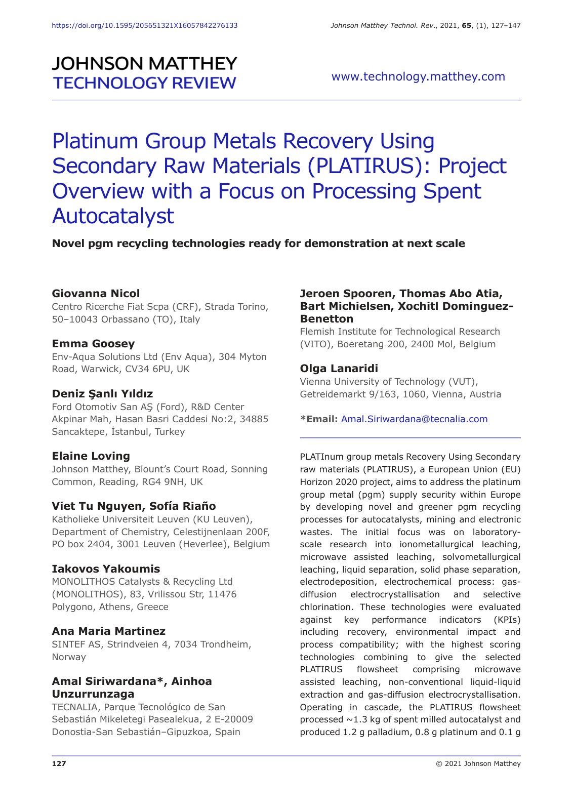 First page of Platinum Group Metals Recovery Using Sec