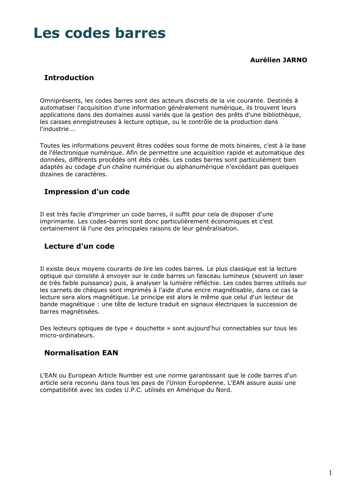 First page of Les codes barres