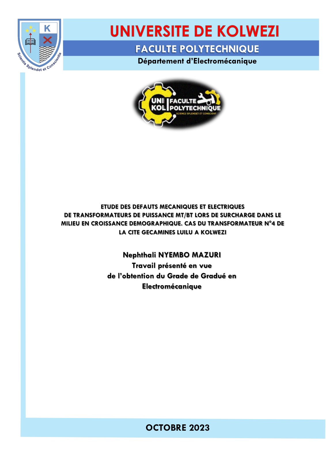 First page of ETUDE DES DEFAUTS MECANIQUES ET ELECTRIQUES DE TRANSFORMATEURS DE PUISSANCE MT/BT LORS DE SURCHARGE DANS LE MILIEU EN CROISSANCE DEMOGRAPHIQUE. CAS DU TRANSFORMATEUR N°4 DE LA CITE GECAMINES LUILU A KOLWEZI