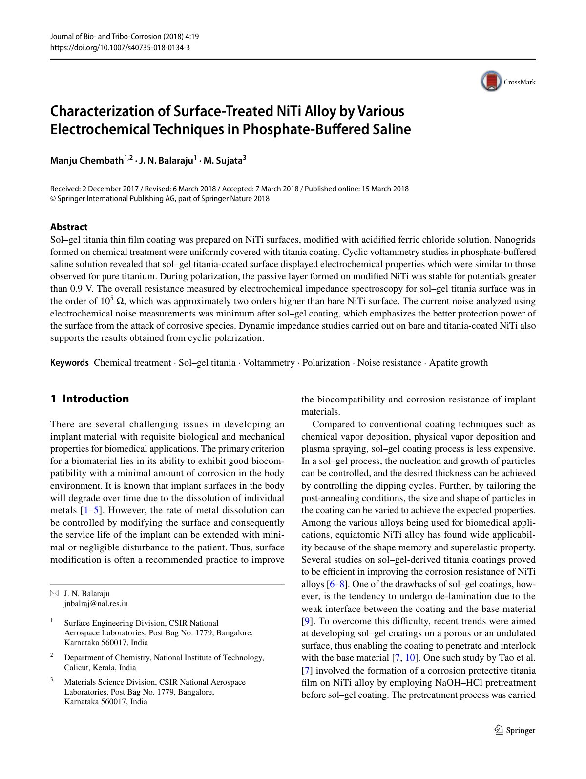 First page of Characterization of Surface‑Treated NiTi Alloy by Various Electrochemical Techniques in Phosphate‑Buffered Saline