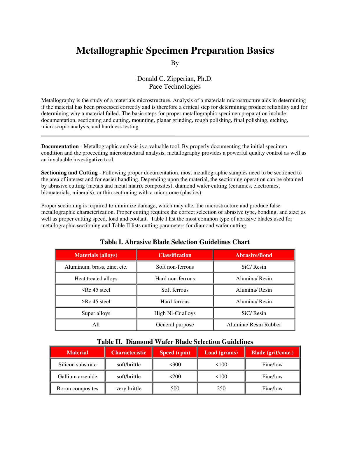 First page of Metallographic Specimen Preparation Basics